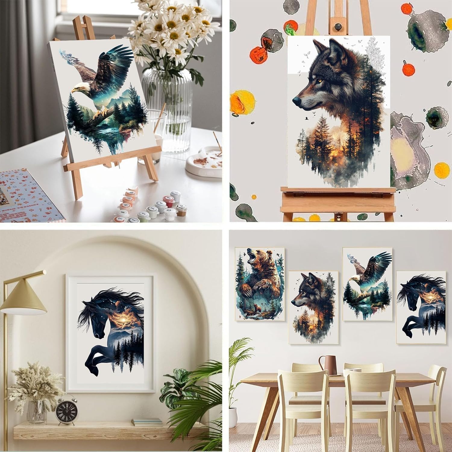 4 Pack framed Paint by Numbers Kit for Adults Beginners-Animals Adult Paint by Number Kits on Canvas framed, Forest Animals Acrylic Oil Painting Kits for Adults for Gift Home Decor(8x12inch)