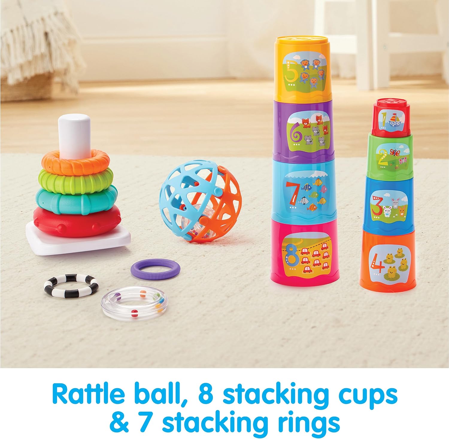 Kidoozie | Little Learner’s Trio | Baby’s First Activity Toy Set for Infants & Toddlers with Sensory, Stacking & Cause & Effect Play, Early Learning Ages 6+ Months