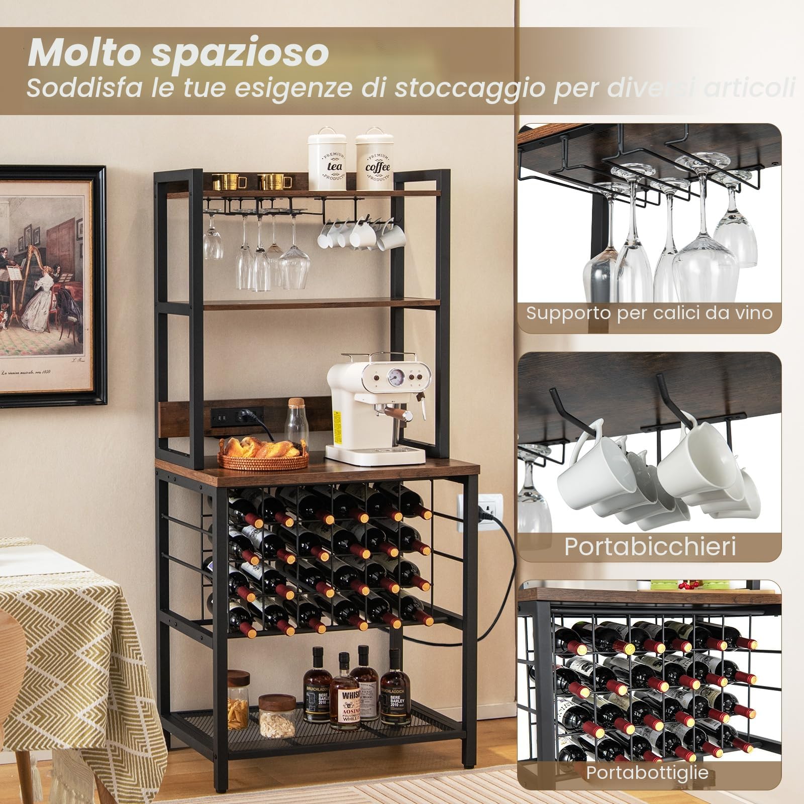GIANTEX Scaffale Da Cucina Con Prese e Porte Usb, Armadietto Per Vino Con Supporto In Vetro Per 24 Bottiglie e 9 Bicchieri, Scaffale a 4 Livelli, 76 x 48 x 163 cm
