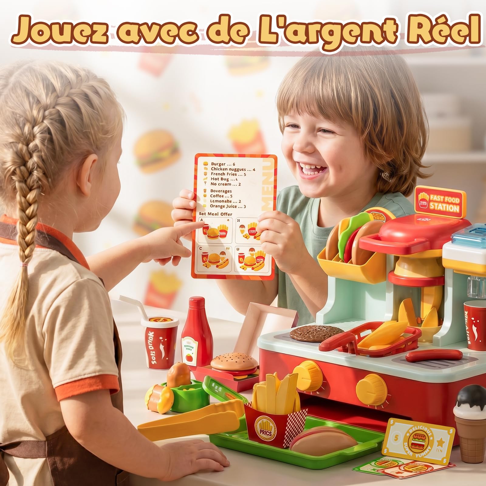 Lehoo Castle Accessoire Cuisine Enfant avec Hamburger, Dinette 3 Ans, Jouet Alimentaire Montessori 3+Ans, Cadeau Parfait pour Noël et Fête