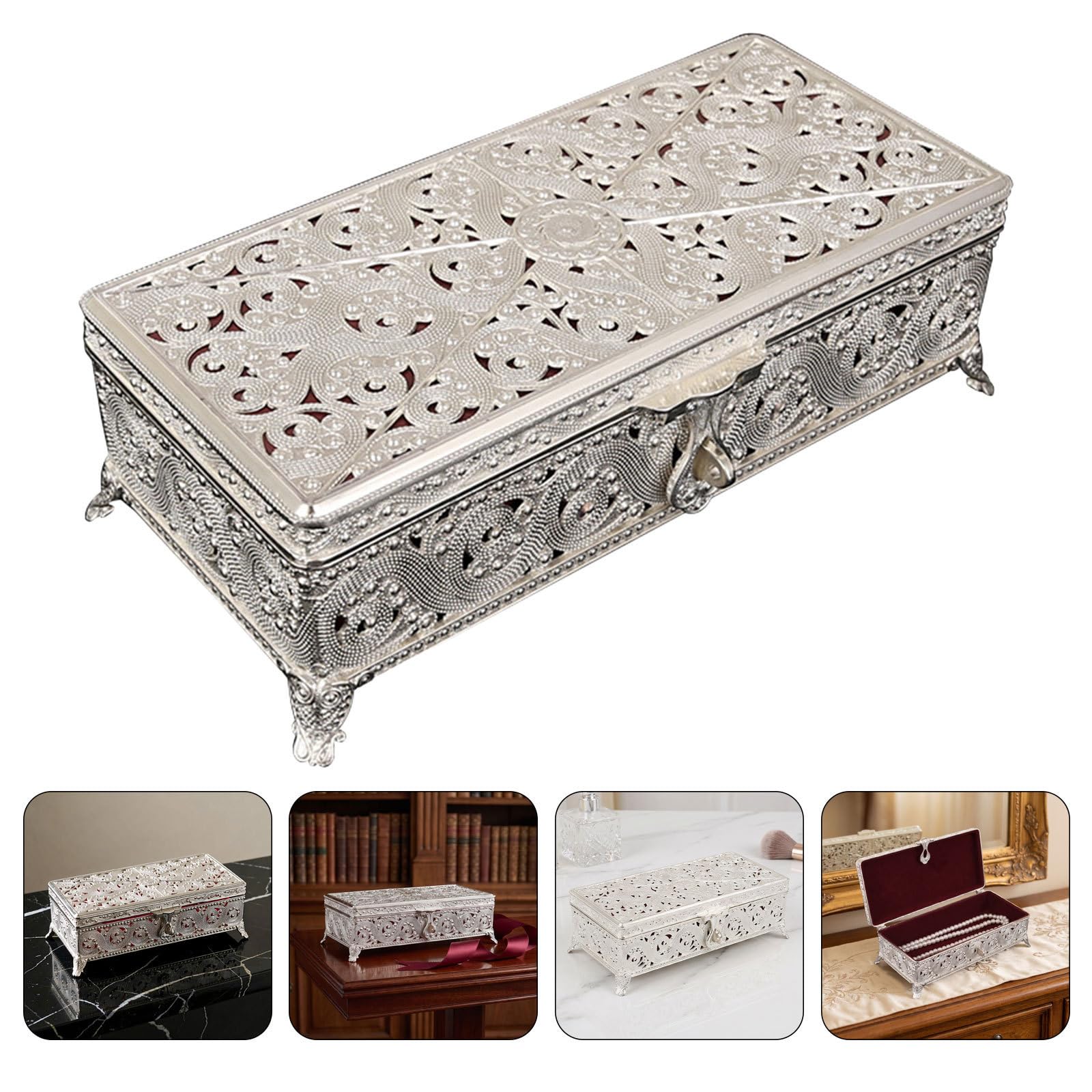 Uonlytech Antique Rectangular Metal Jewelry Box with Embossed Pattern Sturdy European Retro Trinket Case for Elegant Decorative Storage
