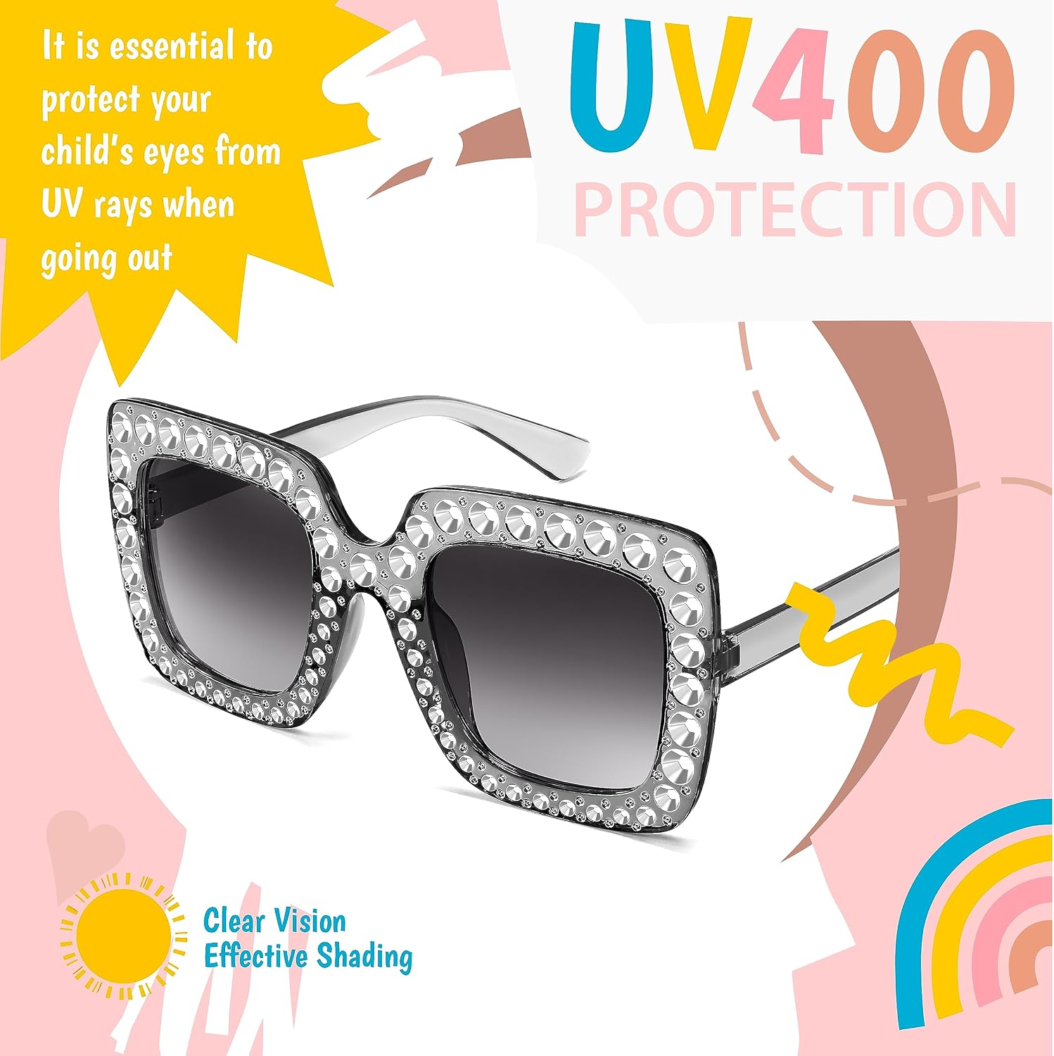 FEISEDY Kids Sunglasses for Girls Oversized Square Sparkling Party Sun Glasses Lightweight Fashion Shades B0053 image 4