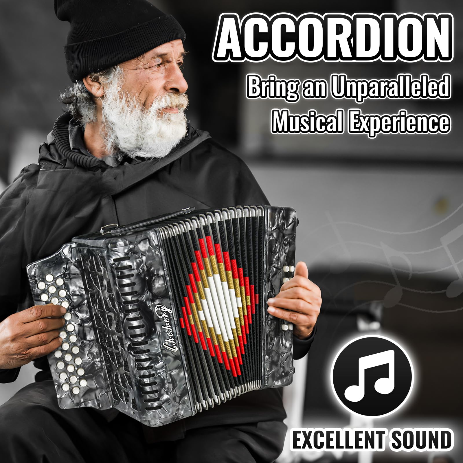 Accordion, 31-key 12-bass, push-pull heterophonic accordion, G/C/F tone adult accordion with carrying case, strap, gloves, wipe (Gray)