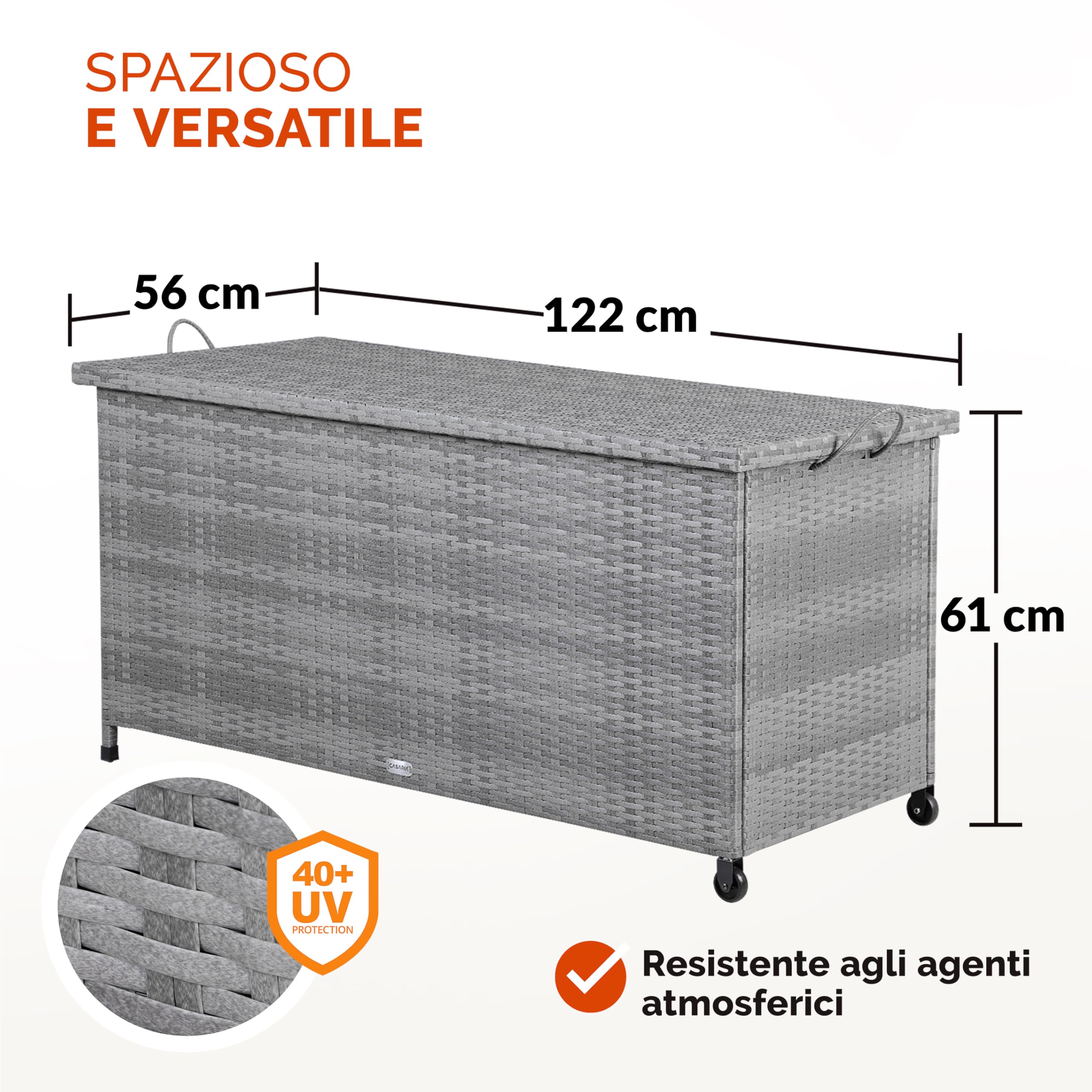 Casaria Baule da Giardino Salvaspazio 122x56x62cm Polyrattan Box Esterno con Rotelle Coperchio
