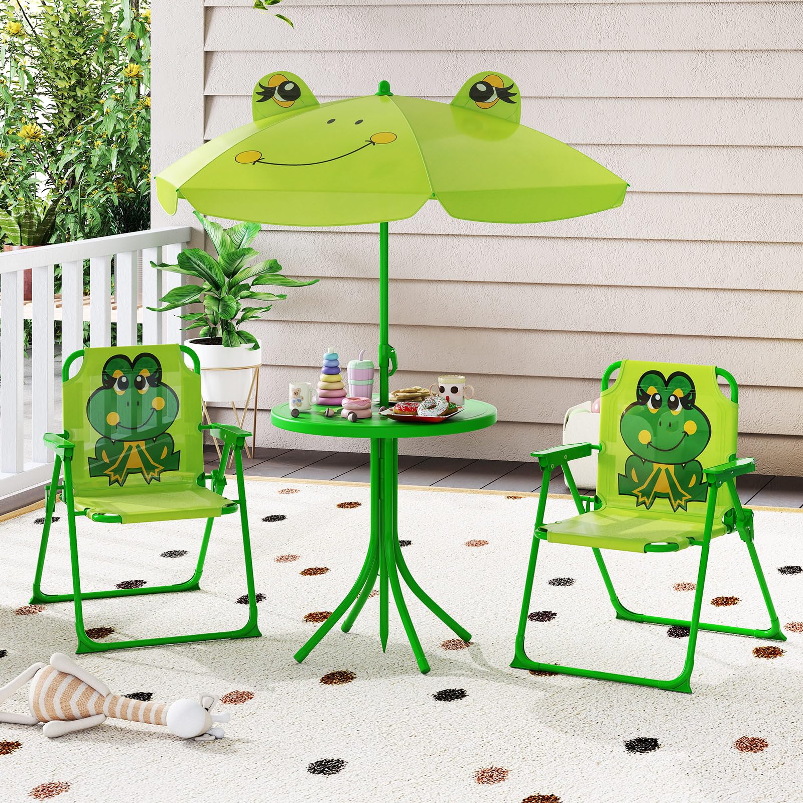 children's patio set umbrella GYMAX 4-Piece Kids Set, Garden Toddler Picnic Table with Height Adjustable and 2 Folding Chairs, Outdoor Children Furniture for 3-6 Years Old Boys Girls (Light Green) Garden preschool gardens best makeup bag MT Thunder 3 Pro Model:CVS66MHD
