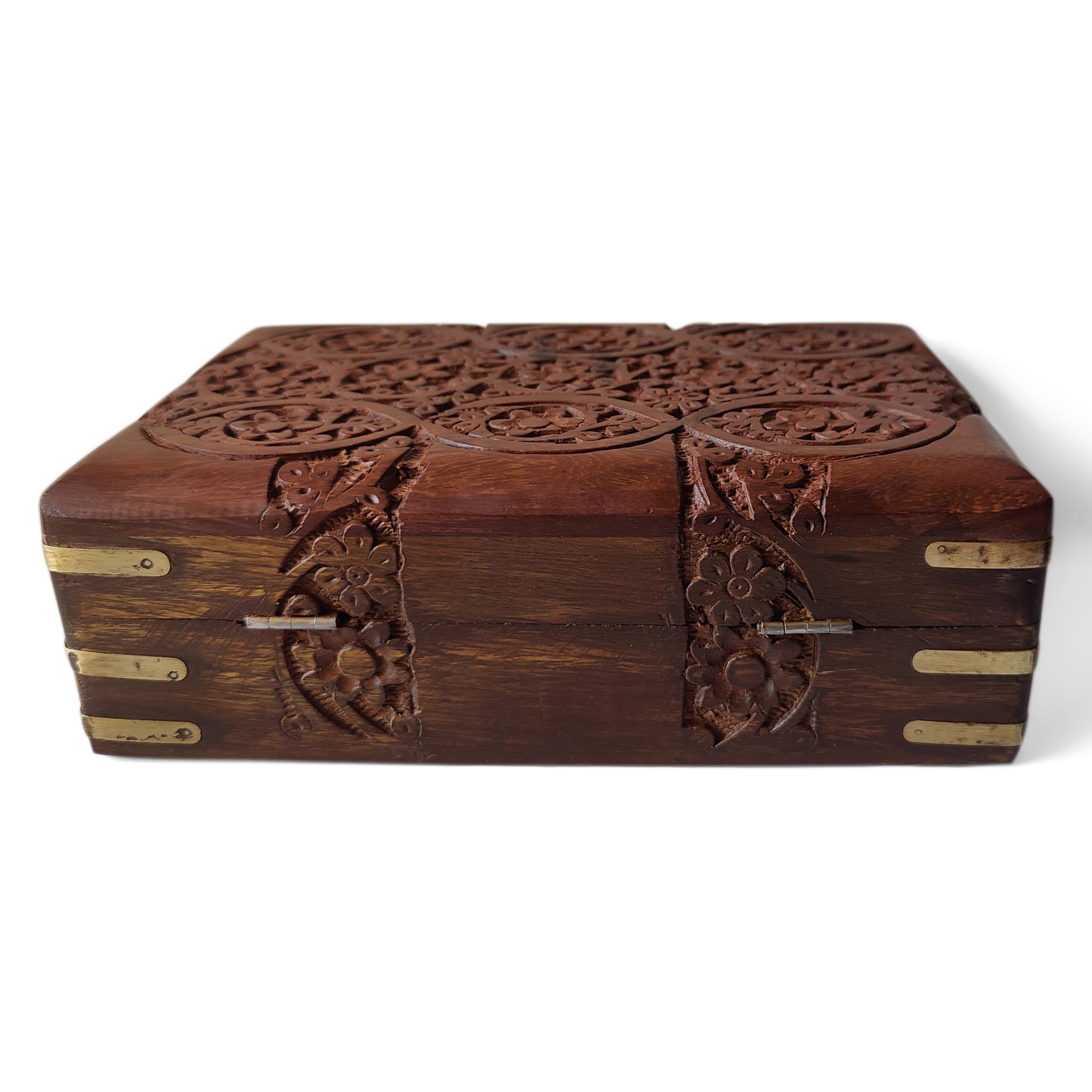 GURU JEE Ręcznie rzeźbione drewniane dekoracyjne rzeźby kwiatowe uniwersalny organizer do przechowywania pamiątka pudełko na biżuterię 20 x 12,5 x 6,5 cm