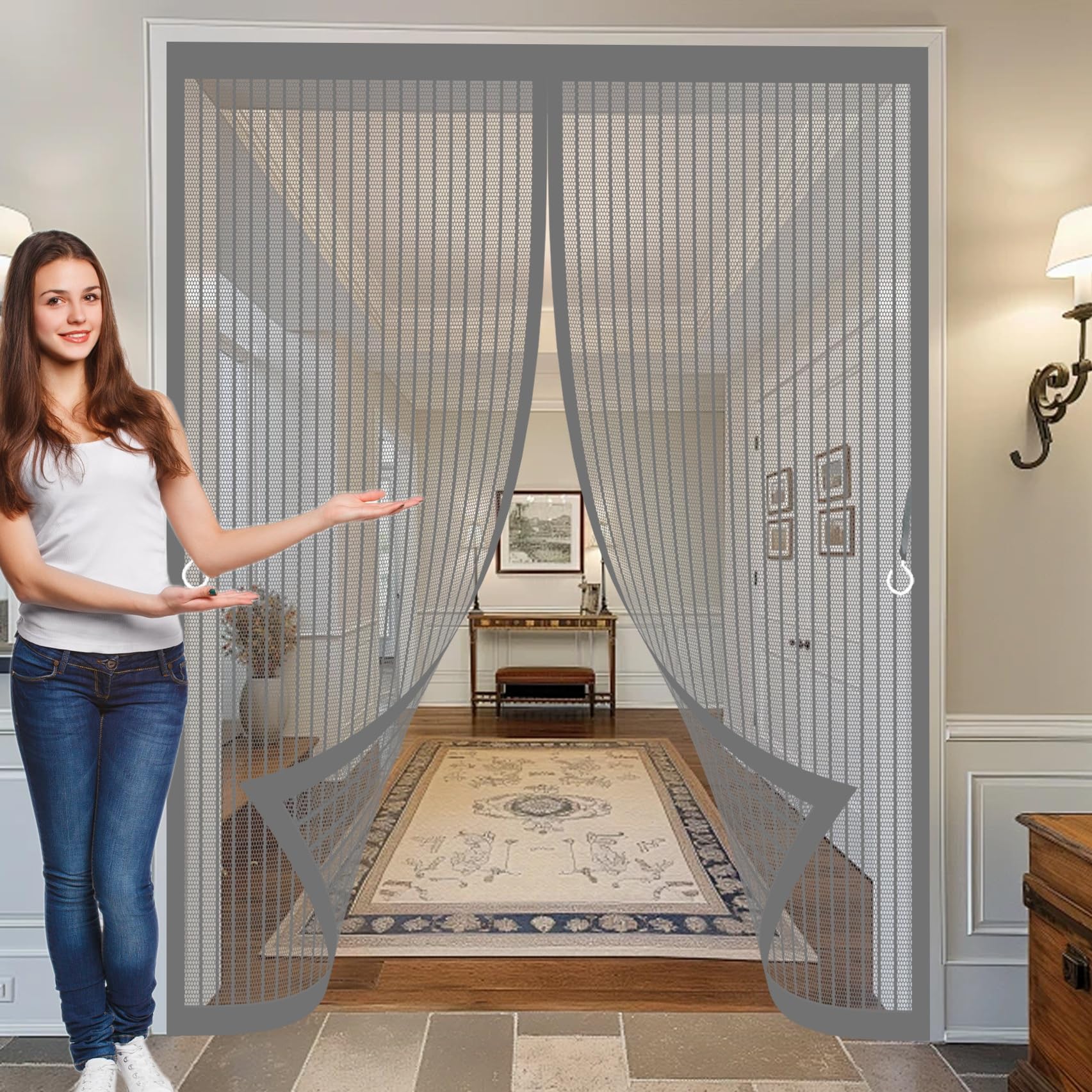 Magnetic Screen Door 195 x 225 cm Powerful Magnets, No Drill Installation, Automatically Closes, for Keeping Out Flies & Bug Patio Door Nets Insect Mesh for Patio Doors Balcony, Grey