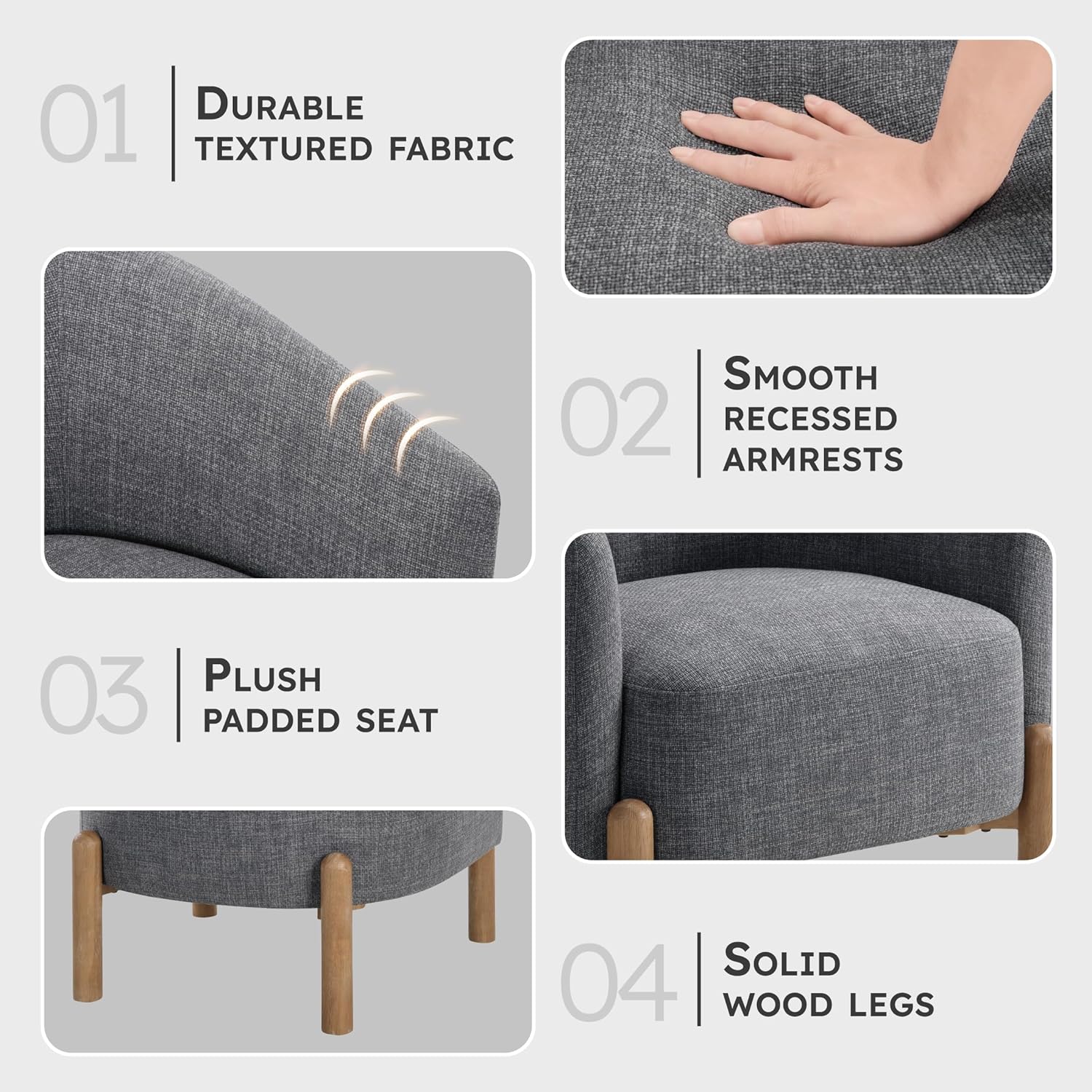 Lexicon Modern Accent Chair, Textured Fabric Barrel Seat with Solid Wood Legs, Upholstered Single Sofa Chairs for Living Room/Bedroom/Office/Apartment, Gray