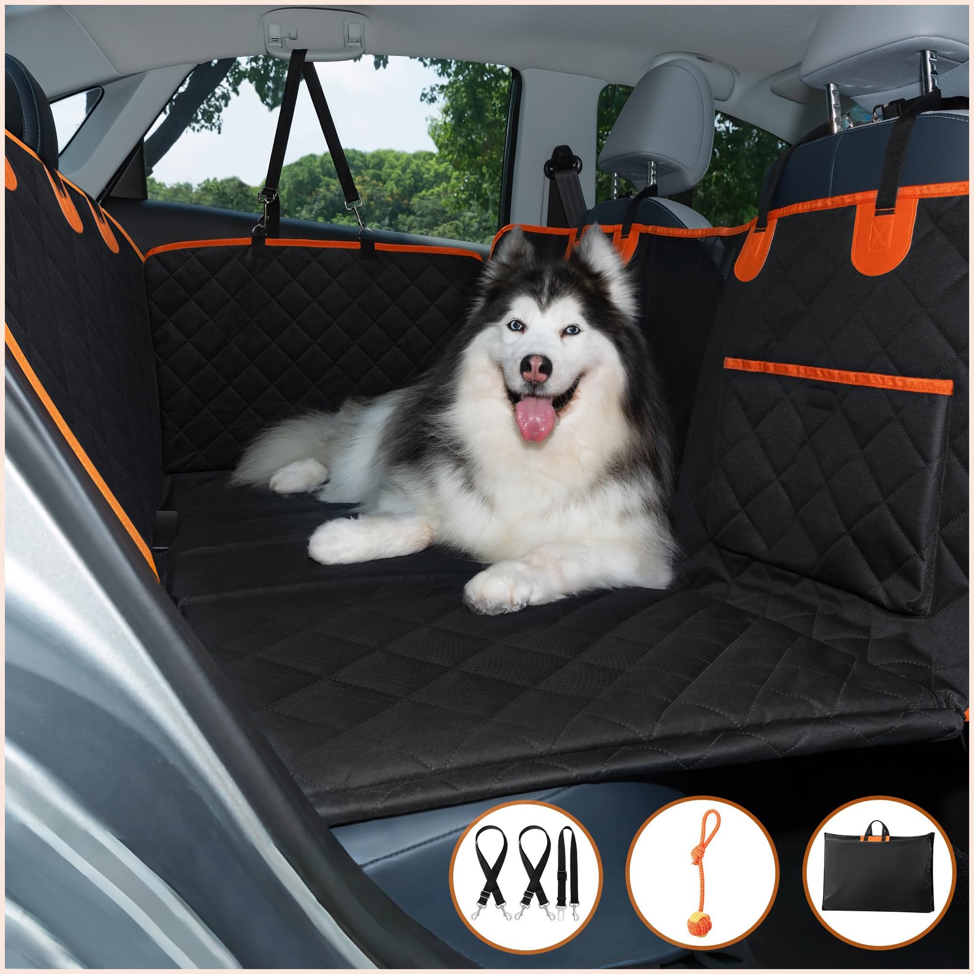 Fuzzaroo Dog Car Seat Cover with Hard Bottom & Back Seat Extender for Medium/Large Dogs, Backseat Protector with Mesh Window, Waterproof, Scratch-Resistant, with Seat Belt & Toys - Black/Orange