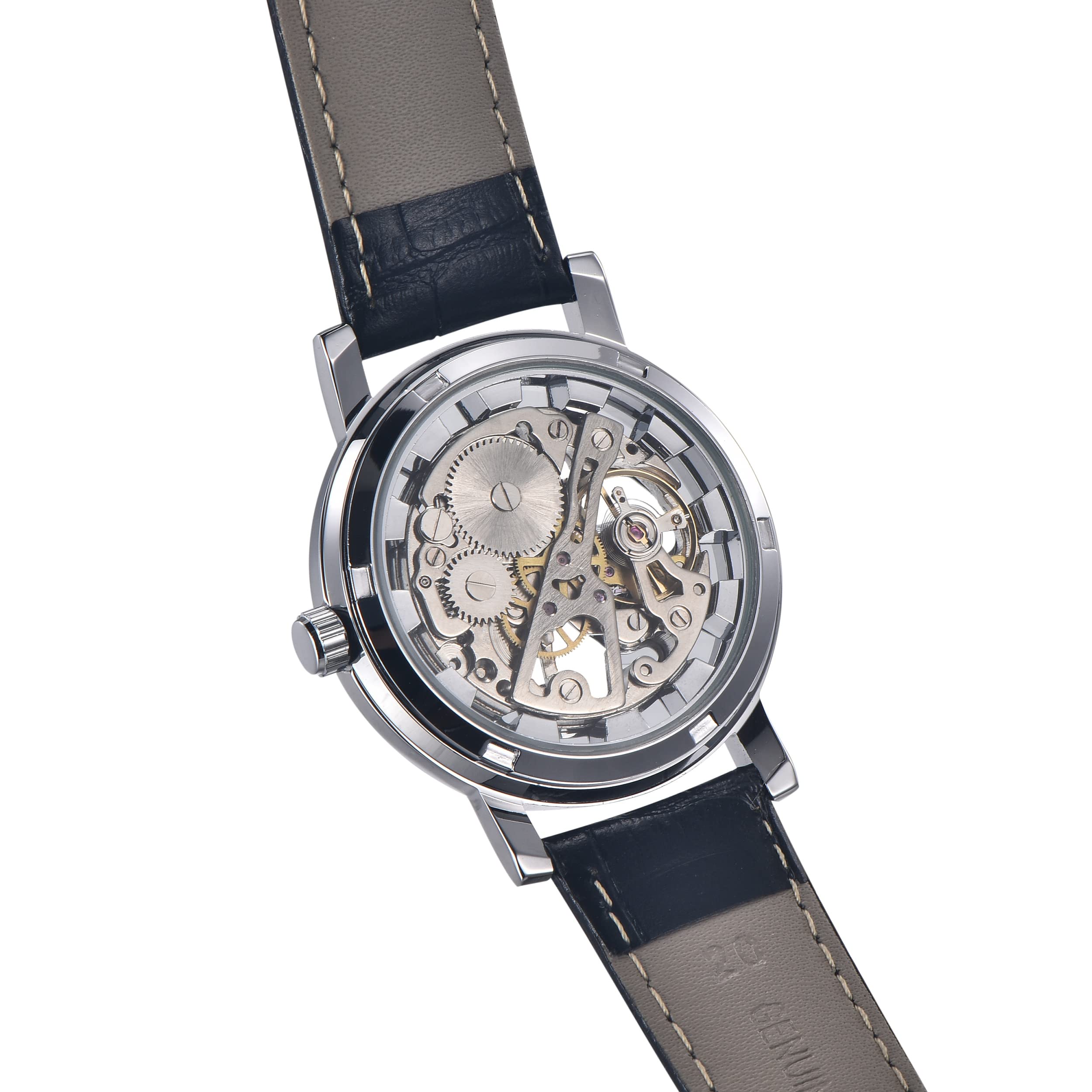 ShoppeWatch Manual Wind Up Wrist Watch | Steampunk Hand Watch Men with Gears Exposed | Skeleton Mechanical Transparent Watch for Men and Women Unisex Black Leather Band MW-07