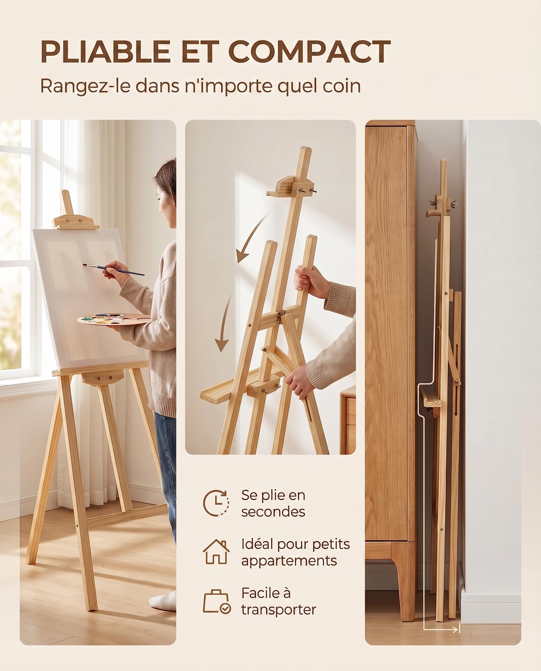 Chevalet Peinture, Pliable en Bois de Pin, 175 cm
