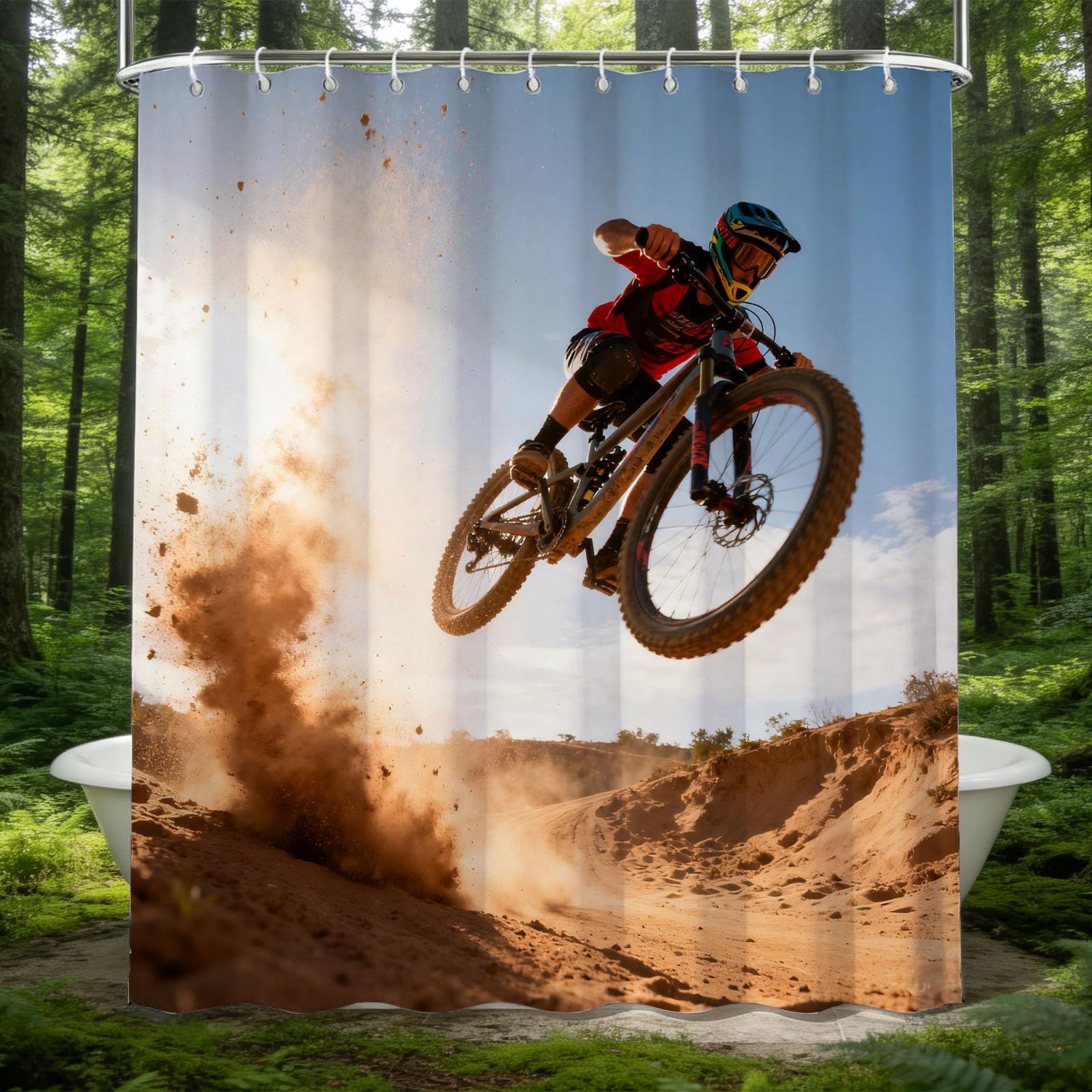 Hongduo 3D Mountain Bike Shower Curtain for Stalls Bathtubs Extreme Sport Bathroom Decor Shower Curtain Set Polyester Fabric Waterproof 180x200cm/71X79 Inch with Hooks