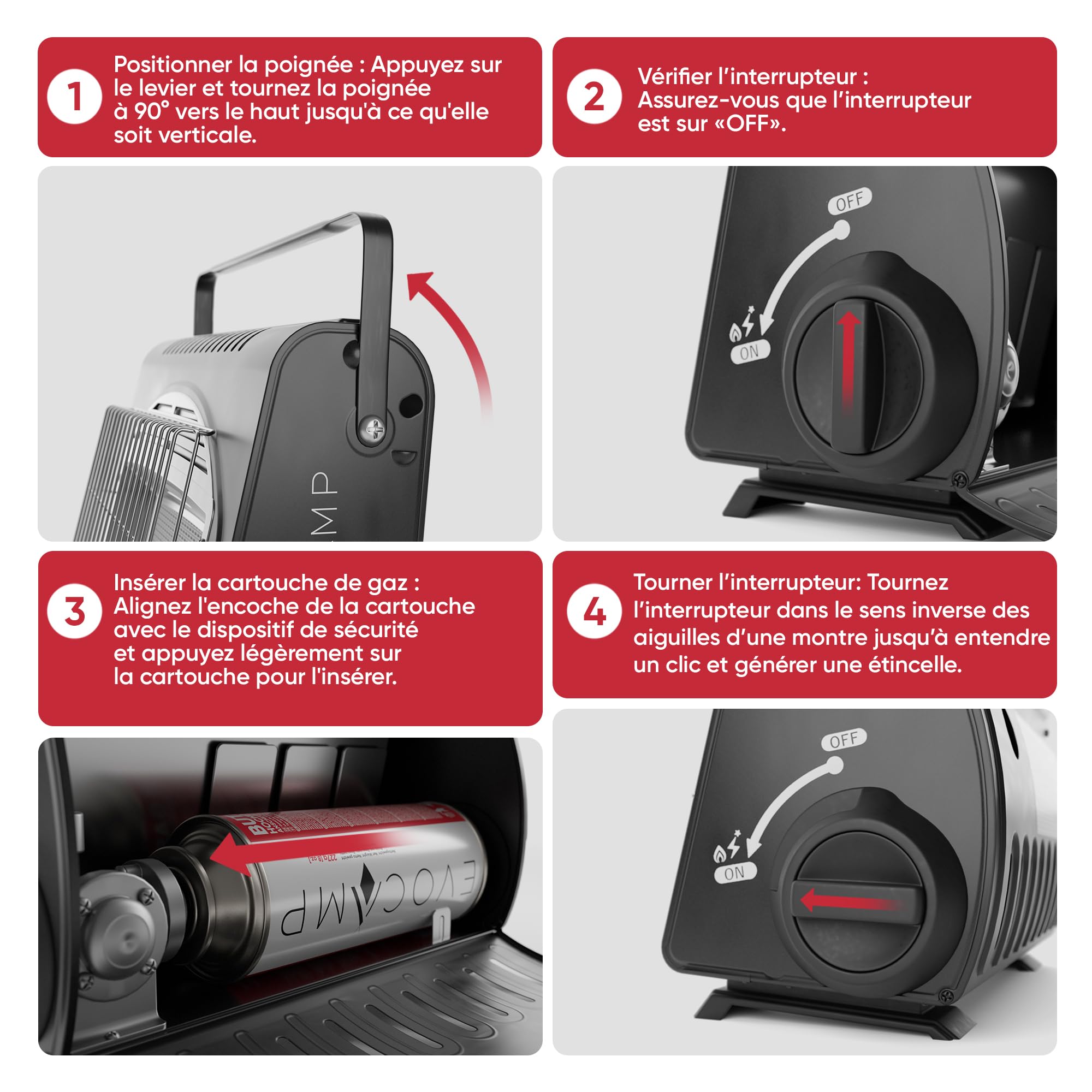 EVOCAMP Chauffage à gaz portable, réchauffeur de camping 1,7 kW, chauffage céramique pour une utilisation en extérieur avec détecteur de manque d’oxygène, avec 4 cartouches de gaz