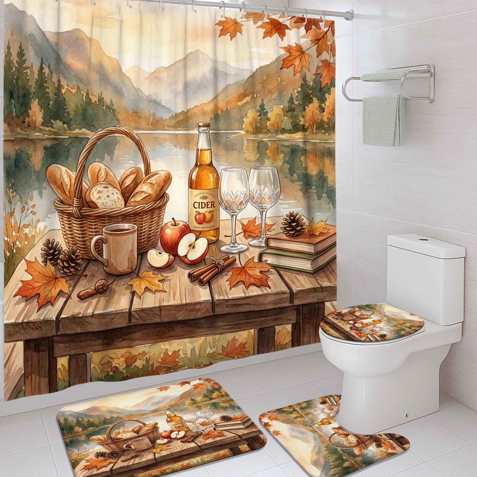Rideau de douche rustique 183x183 cm et tapis orange pour chambre d'amis