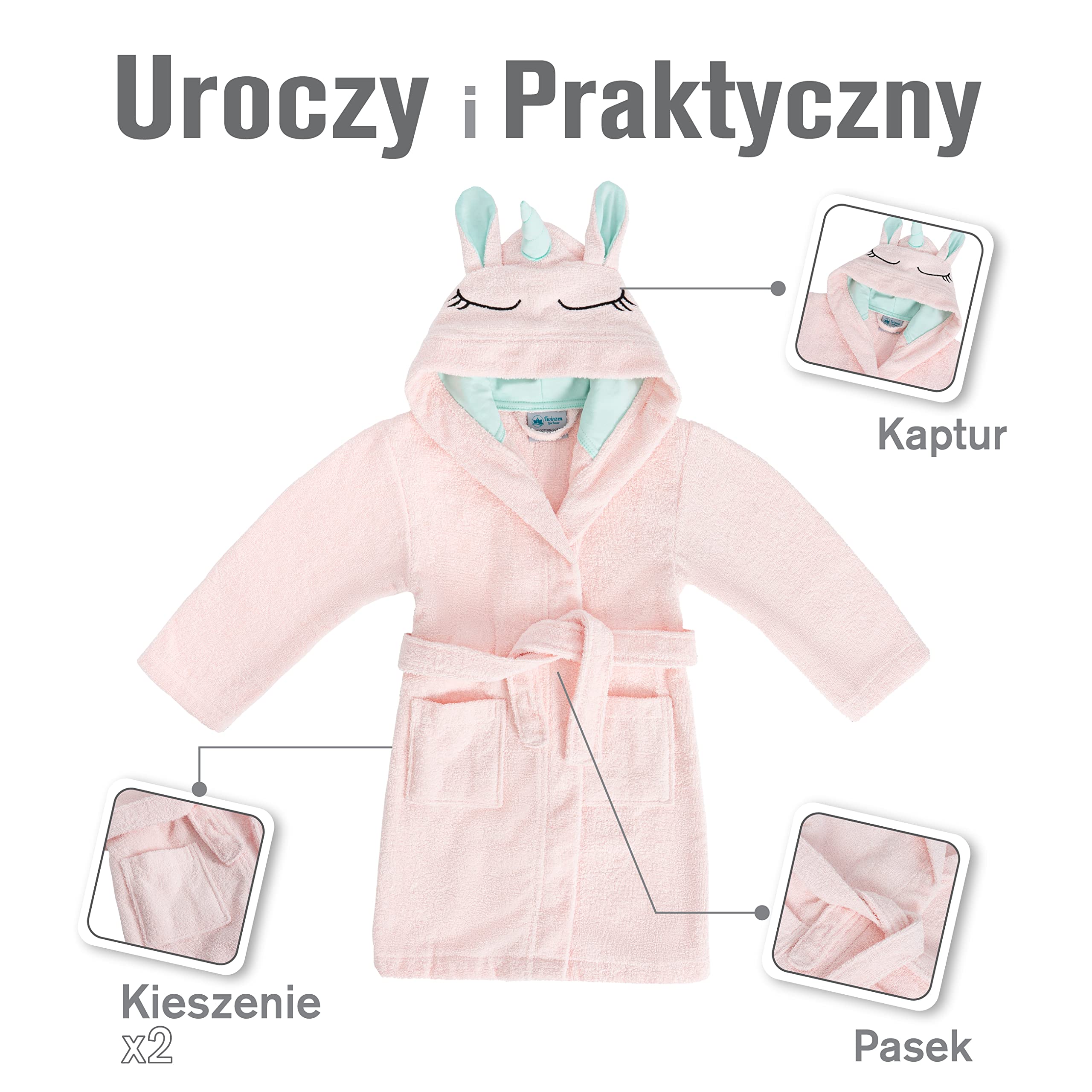Twinzen Dziecięcy szlafrok kąpielowy z jednorożcem, dla chłopców i dziewczynek, 100% bawełna Öko-Tex®
