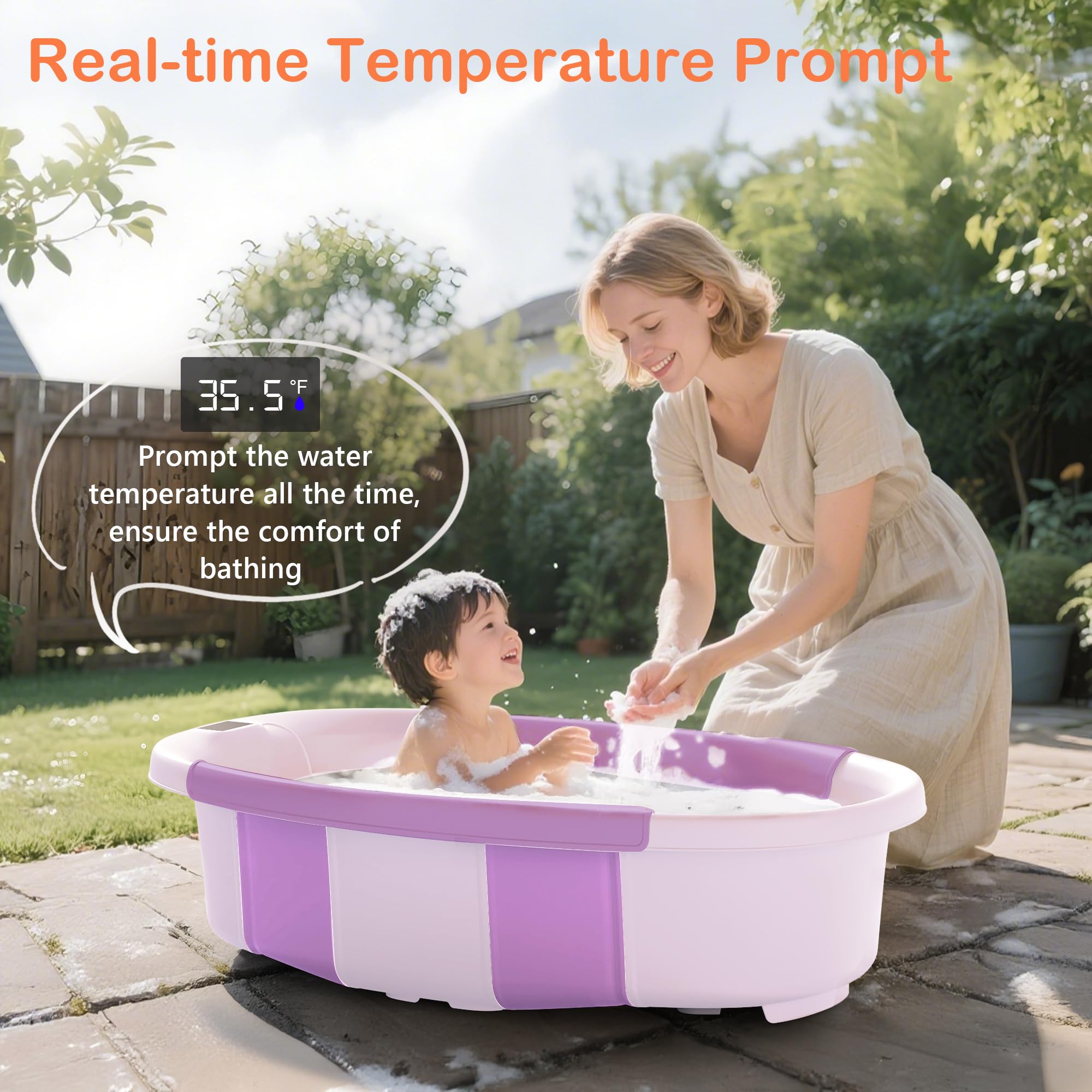 Bañera plegable para bebé, bañera grande con termómetro y cojín, bañera portátil de viaje para recién nacidos, bañera plegable para bebés de 0 a 36 meses (morado)