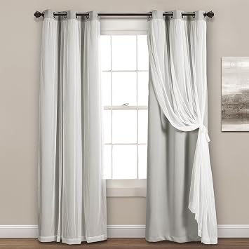 Lush Decor Sheer Grommet Curtains With Insulated Blackout Lining, Window Curtain Panels, Pair, 38"W x 84"L, Light Gray - Curtain With Sheer Overlay, Elegant Blackout Curtains for Bedroom