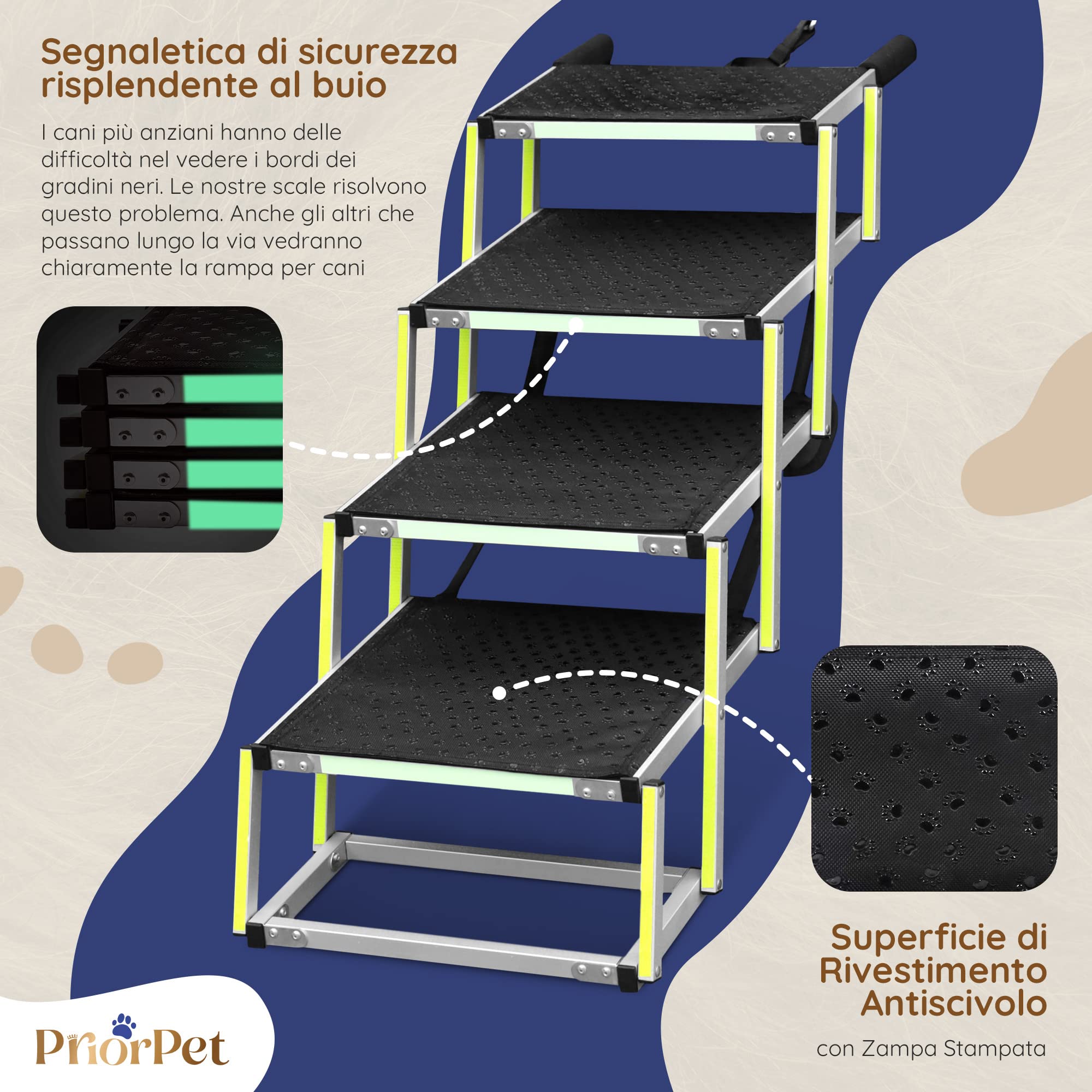 PRIORPET Rampa per Cani Pieghevole 4 Gradini Antiscivolo Riflettente 77 kg