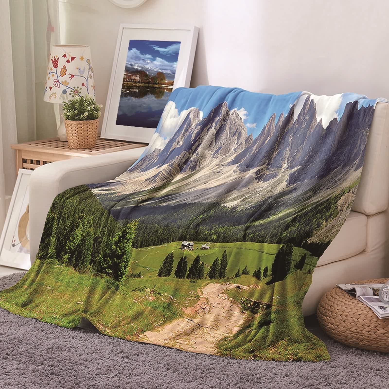 Couverture polaire en flannel KnSam 100x150cm à motif arbre de montagne bleu vert pour lit