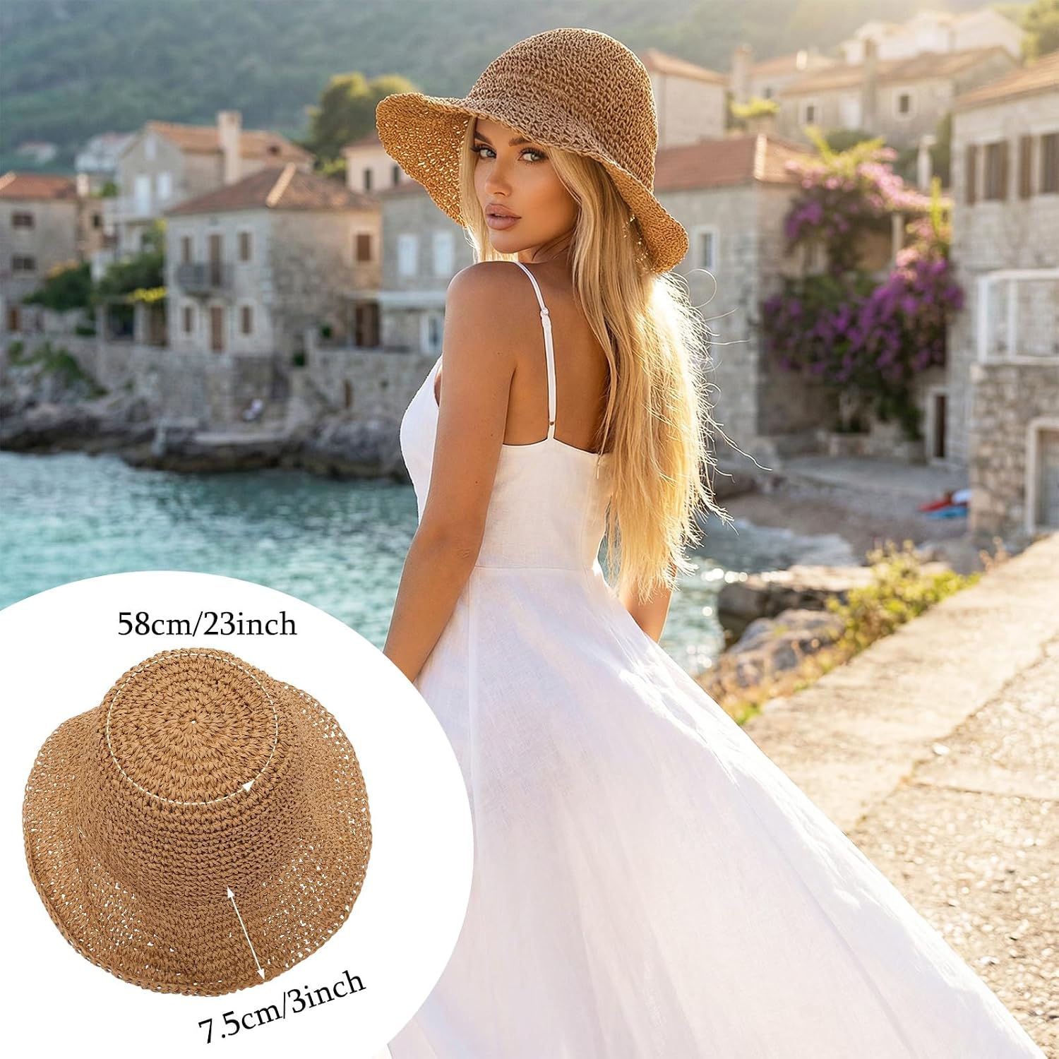 Summer Straw Hats for Women Foldable Beach Wide Brim Packable Sun Hat Brown