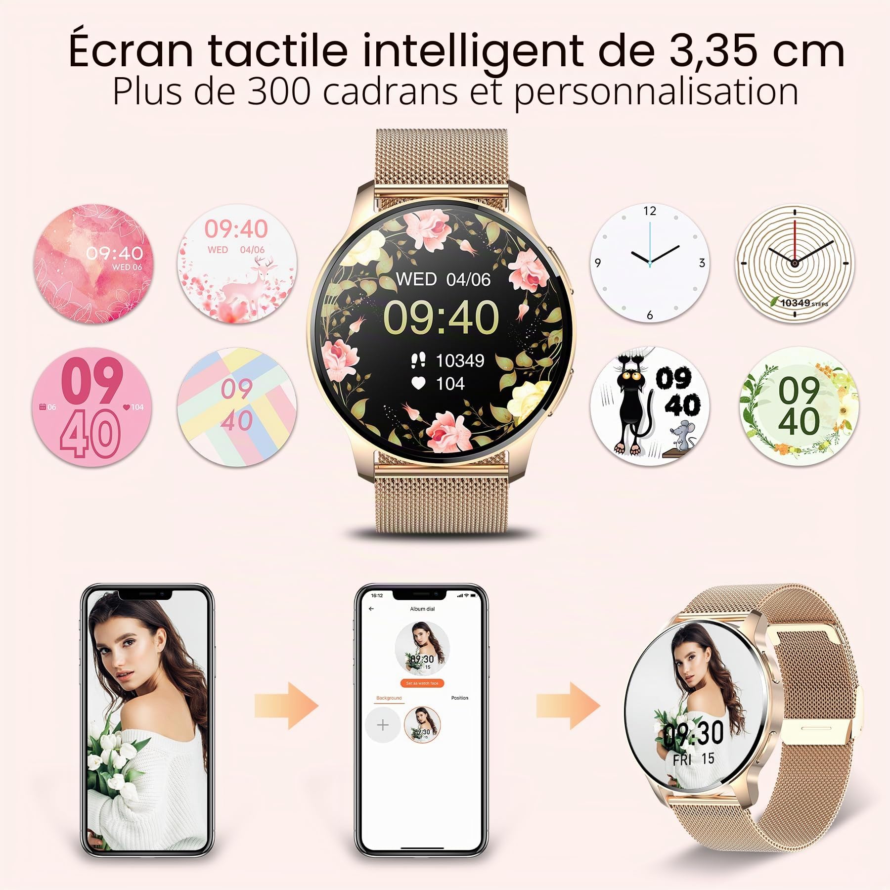 Montre Intelligente Femme avec Appel, 1,32" Smartwatch Automatique Homme, Podomètre/Moniteur Sommeil/Cardiofrequenzimetro, 20 Modes Sportif Android iOS Montre Intelligente Doré, 3 Bracelets