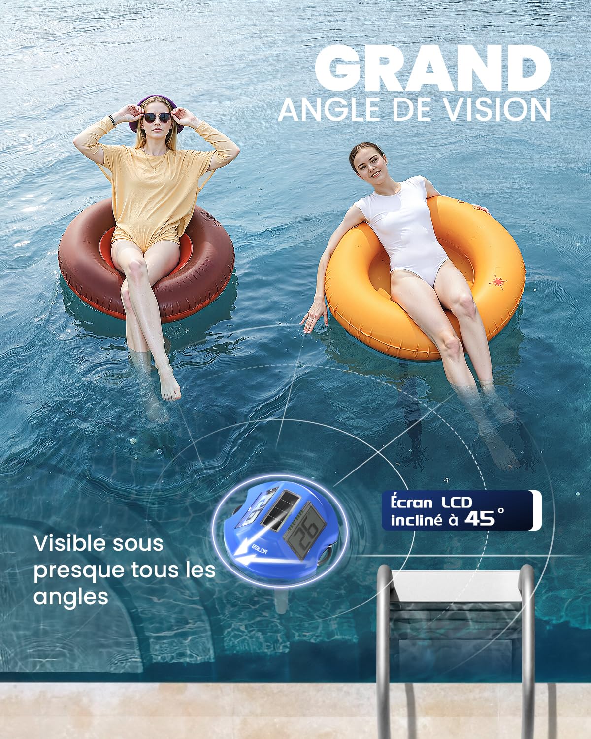 Thermomètre Flottant pour Piscine BALDR Solaire à Double Grand Écran Anti-Reflets | Sonde de Température Numérique Étanche IPX7 pour Piscines Enterrées, Hors-Sol, Spas & Étangs(Bleu foncé)