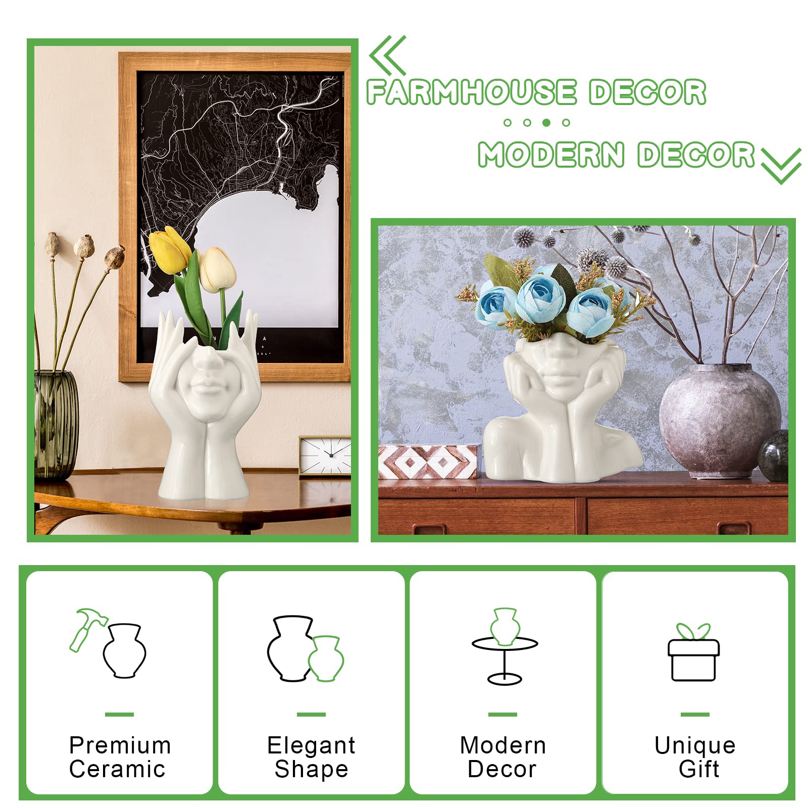 Sieral 3 vasi da fiori in ceramica a forma femminile, per la decorazione moderna, vaso decorativo per il corpo, vaso a testa a metà busto per tavolo, mensola, casa, camera da letto, ufficio (grande,