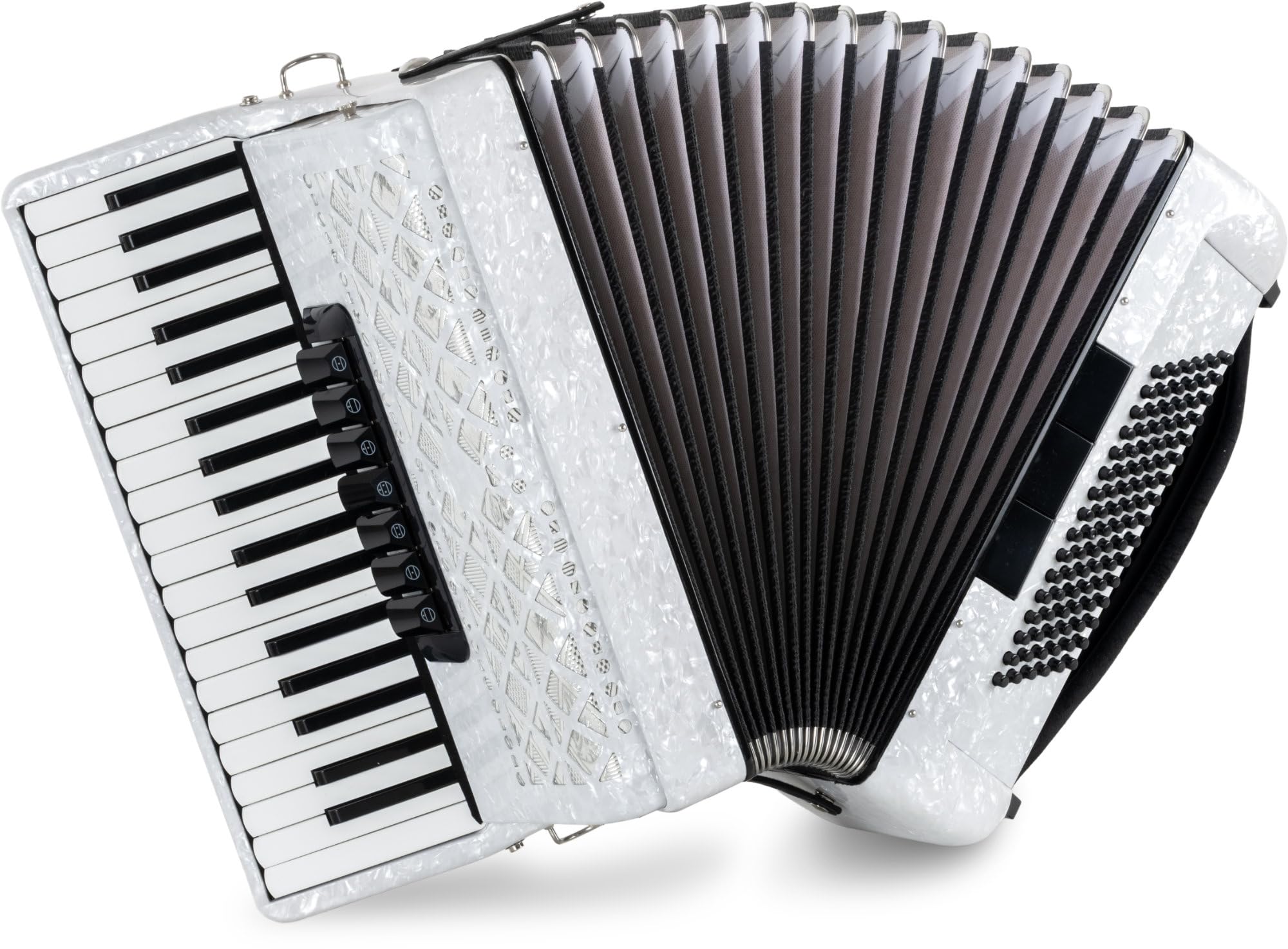 Classic Cantabile Secondo V fisarmonica 96 bassi, 37 tasti nel registro discantico, 3 cori, 5 registri. Corpo bianco perloid, leggera e robusta. Principianti scuola e casa. Include custodia e cinghie