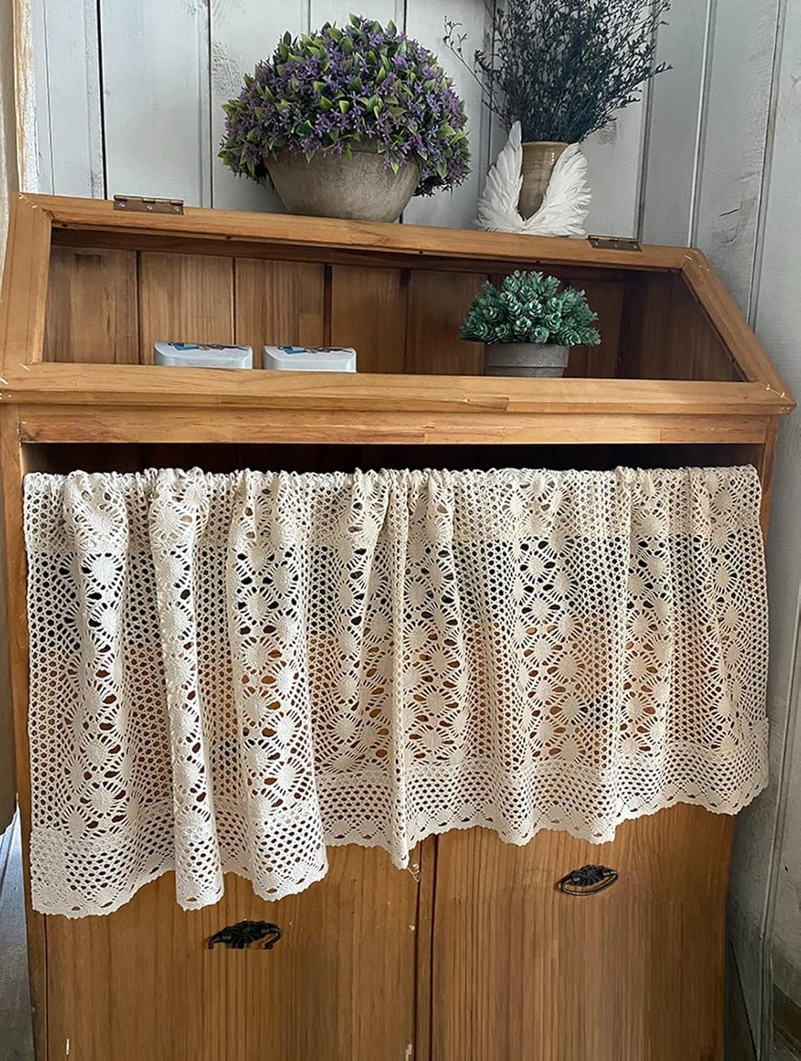 A.Monamour Short Curtain for Small Window Farmhouse Beige Cotton Crochet Embroidered Lace Geometric Window Treatment Valance Panel Drapes Half Curtain for Kitchen Café Cabinet Curtain Tier Curtain
