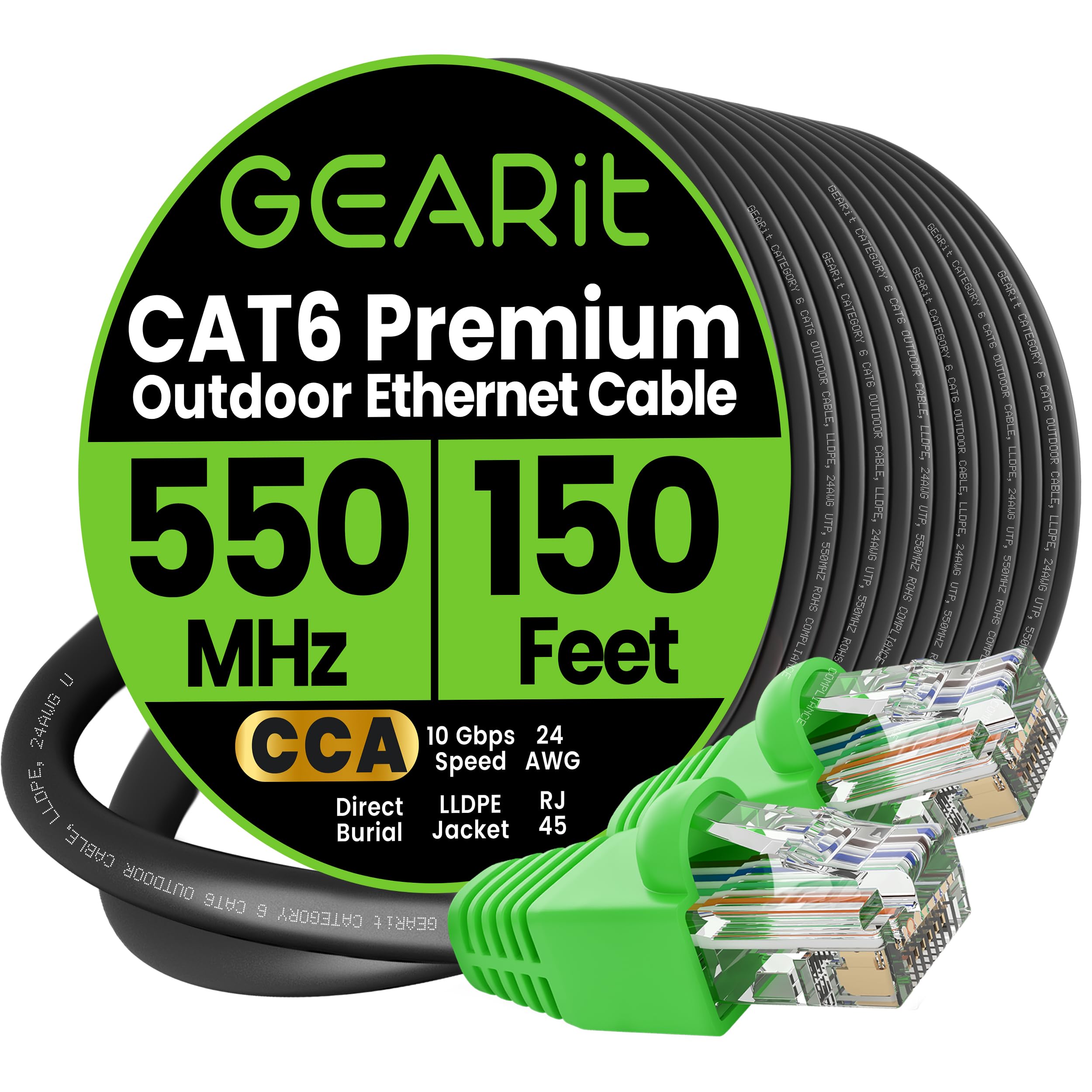 GEARit Cat 6 Ethernet Cable 150 ft, Direct Burial Outdoor Cat6 Ethernet Cable 24AWG High Speed Up to 10 Gbps/550 MHz, LLDPE (PE) UV-Resistant Waterproof Jacket, CCA, RJ45 Internet Cable for Router