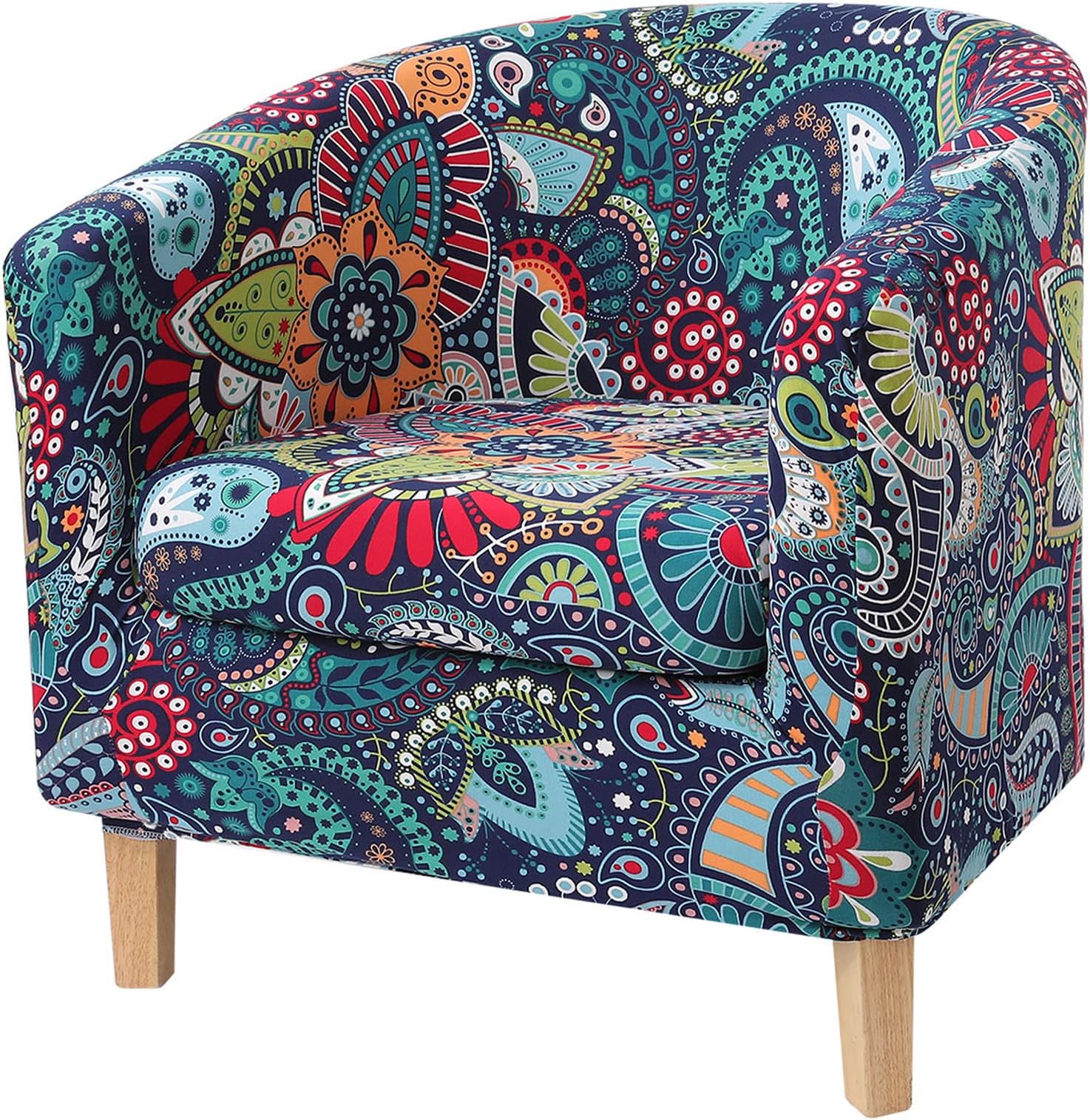 hyha 2 Pieces Printed Tub Chair Slipover with Cushion Cover, Removable Stretch Club Chair Cover for IKEA Tullsta, Armchair Cover Furniture Protector for Living Room,Blue Green