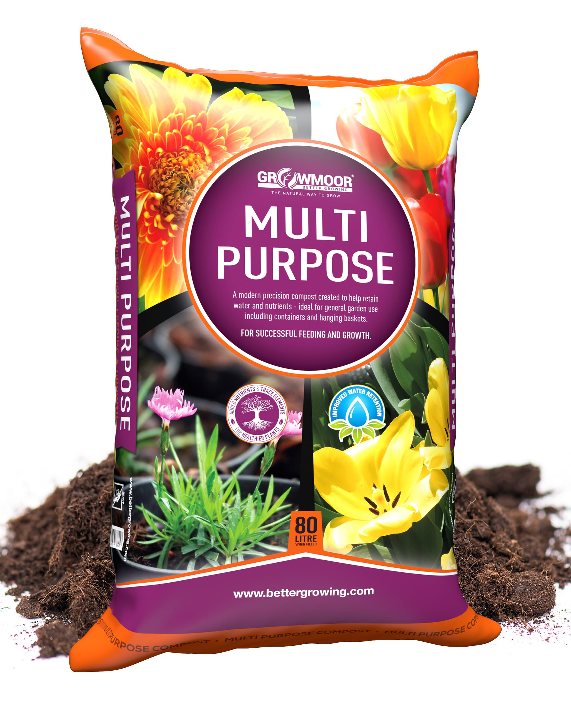 Growmoor Multi-Purpose Compost for Use All Around the Garden – Promotes Healthy Growth, Vibrant Flowers & Strong Roots – 80L