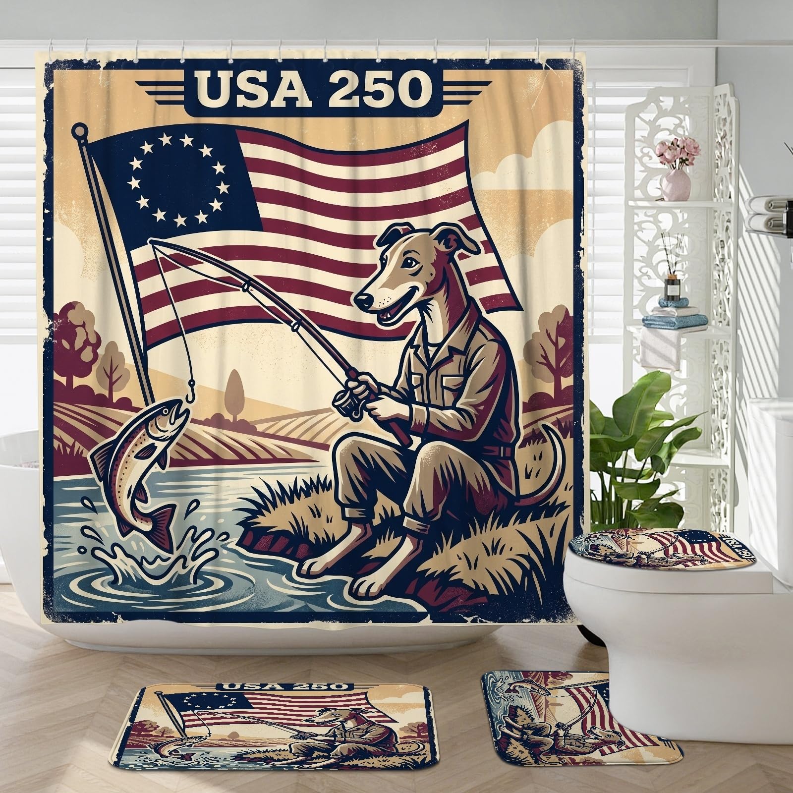 Tapis de salle de bain lévrier antidérapant et rideau 183x183 en tissu pêche