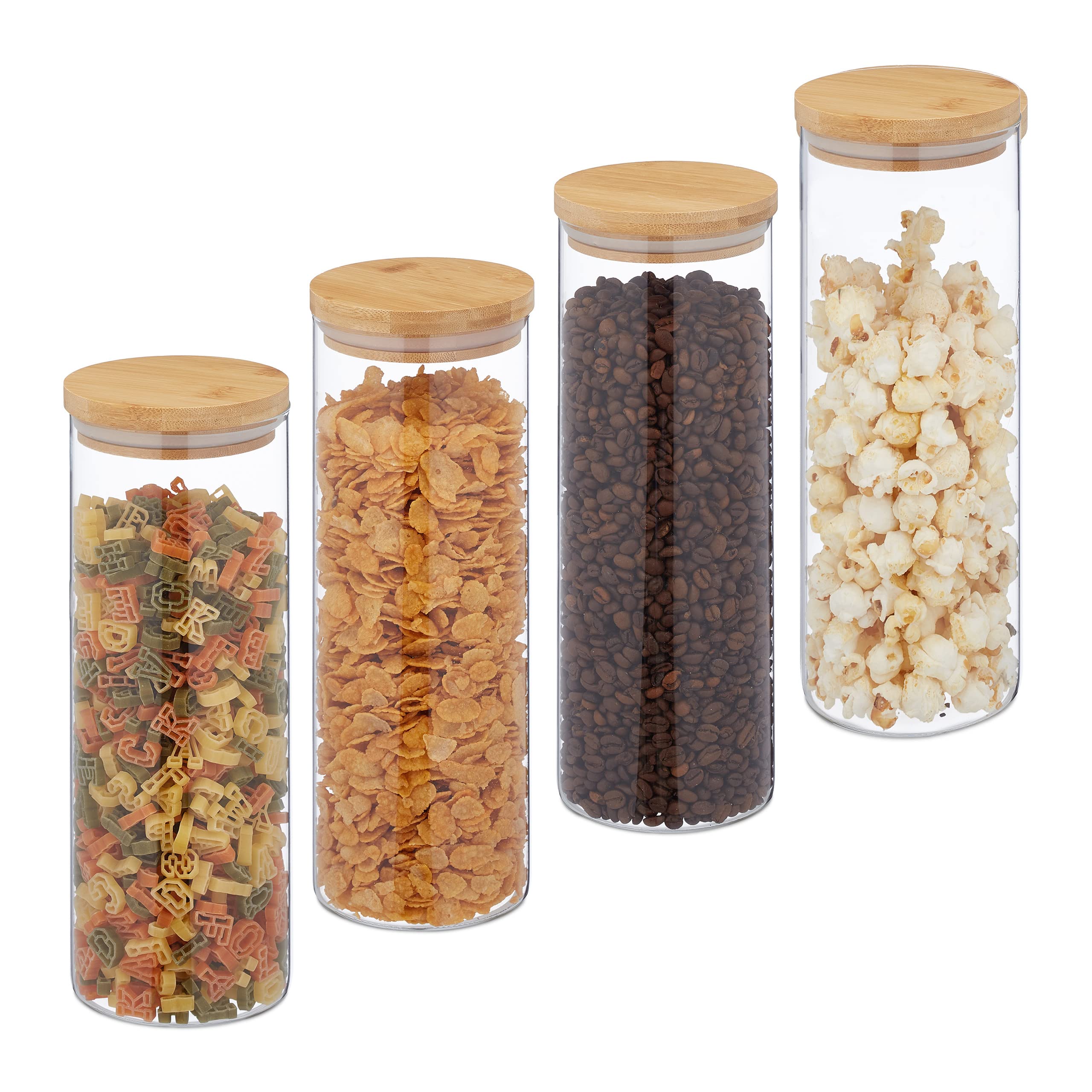 Relaxdays Botes Cristal 1600 ml, Set 4, Recipientes Cocina Grandes, Tapa Bambú, Tarros Herméticos, Transparente/Natural