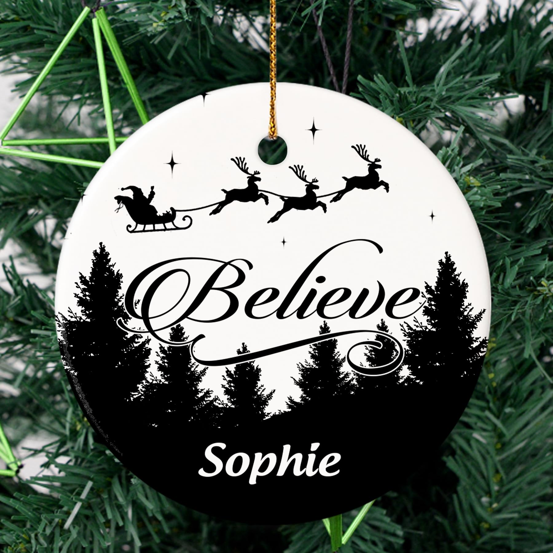 BSQUIELE Personalized Christmas Ornaments, Custom Round Ceramic Hanging Ornament with Name, Xmas Tree Decorations, Believe Keepsake Gift for Christmas Wedding Birthday for Men Women