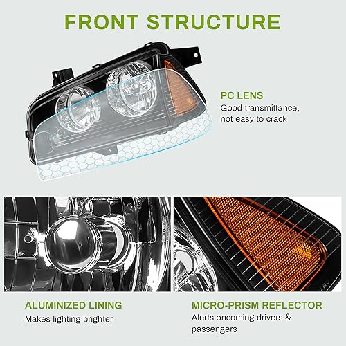 Miniatura 4 de AUTOSAVER88 Conjunto de faros delanteros compatible con Dodge Charger 2006-2010, carcasa negra, reflector ámbar con luces de señal de esquina
