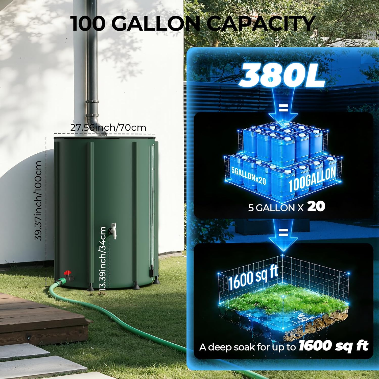 SKM Collapsible Rain Barrel, PVC Rain Water Collection System and Water Tank for Outdoor/Garden/Lawn, Portable Rain Water Collection Barrel Container with Spigots & Overflow Kit, 100Gallon, Green