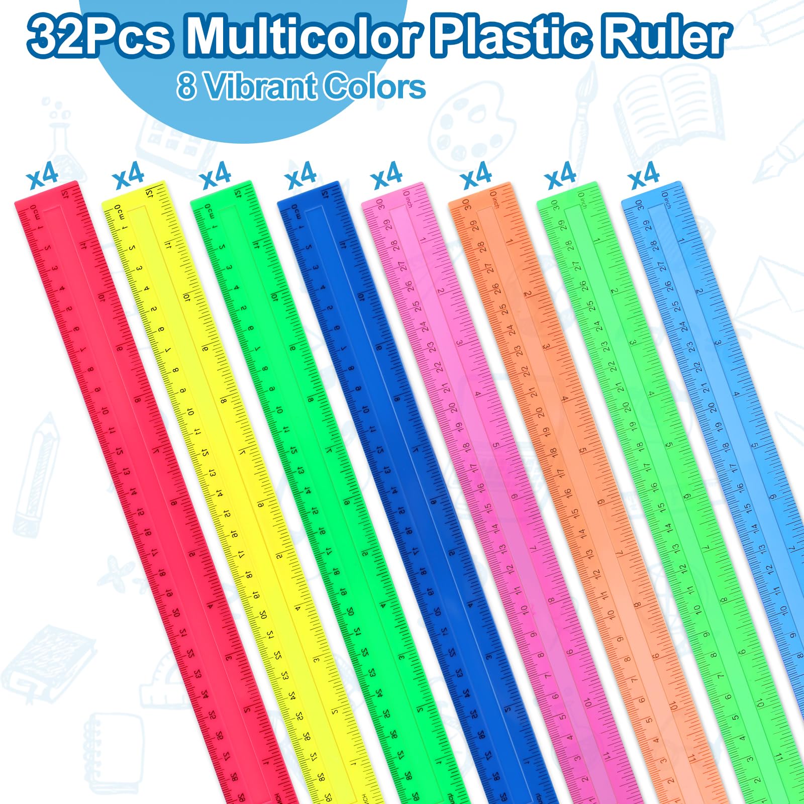30,5 cm transparente Kunststoff-Lineale, 32 Stück, transparent, verschiedene Farben, Kinder-Lineal für die Schule, mit Zentimetern und Zoll, Messwerkzeuge für Studenten, Schule, Büro, Zuhause
