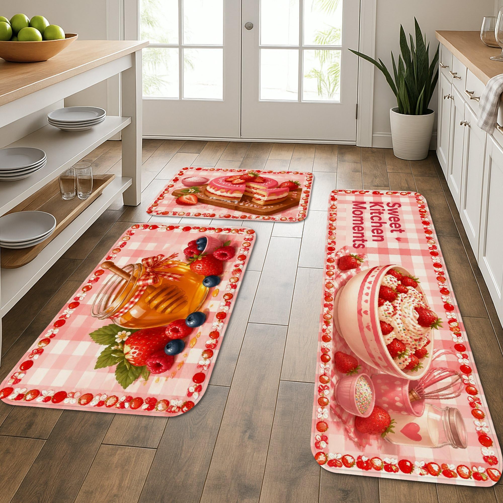 Tapis de cuisine lavable et confortable Sweet Berry, lot de 3 tapis de sol doux vintage