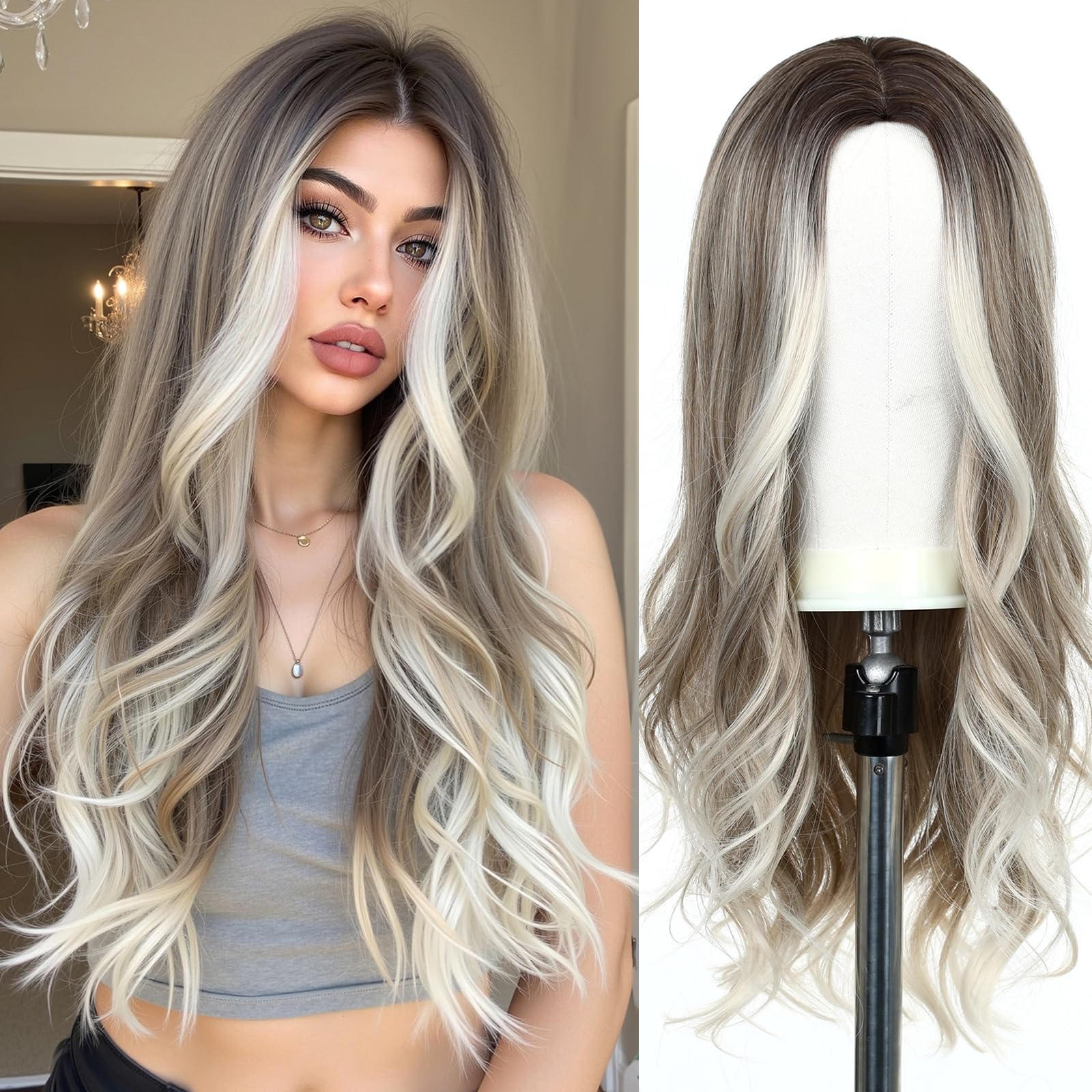 Esmee 24 Inches Long Wavy Mixed Silver Grey Synthetic Hair Wigs for Women Ombre Wig with Dark Roots for Daily Party Cosplay Use