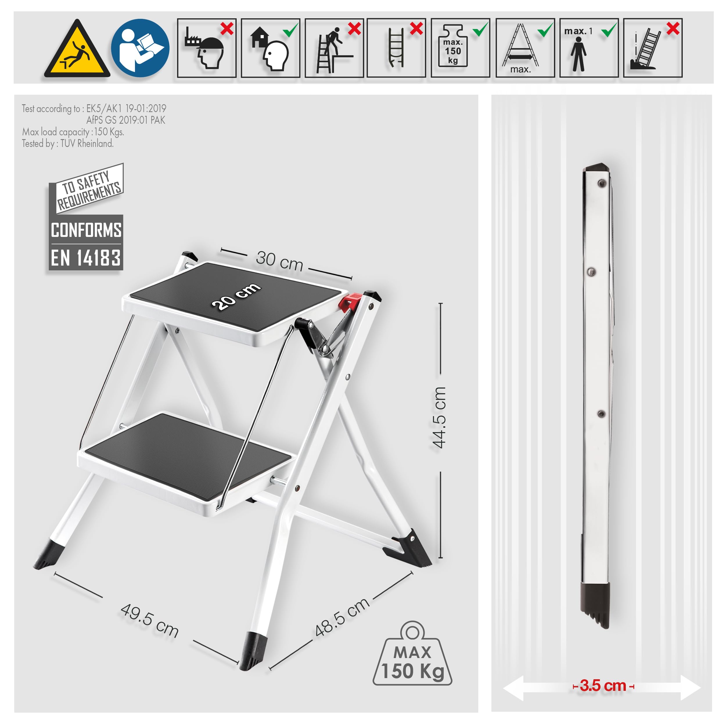 MSV - Marchepied Pliant 2 Marches en Acier - Charge 150 kg - Norme GS Sécurité - Antidérapant et Compact - Idéal Maison, Cuisine, Bureau et Bricolage - Blanc