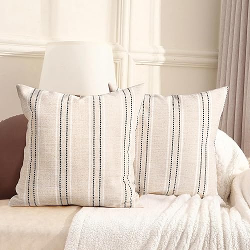 AELS Juego de 2 fundas de almohada decorativas de lino de 24 x 24 pulgadas, fundas de almohada con textura bohemia, color beige con punto blanco y