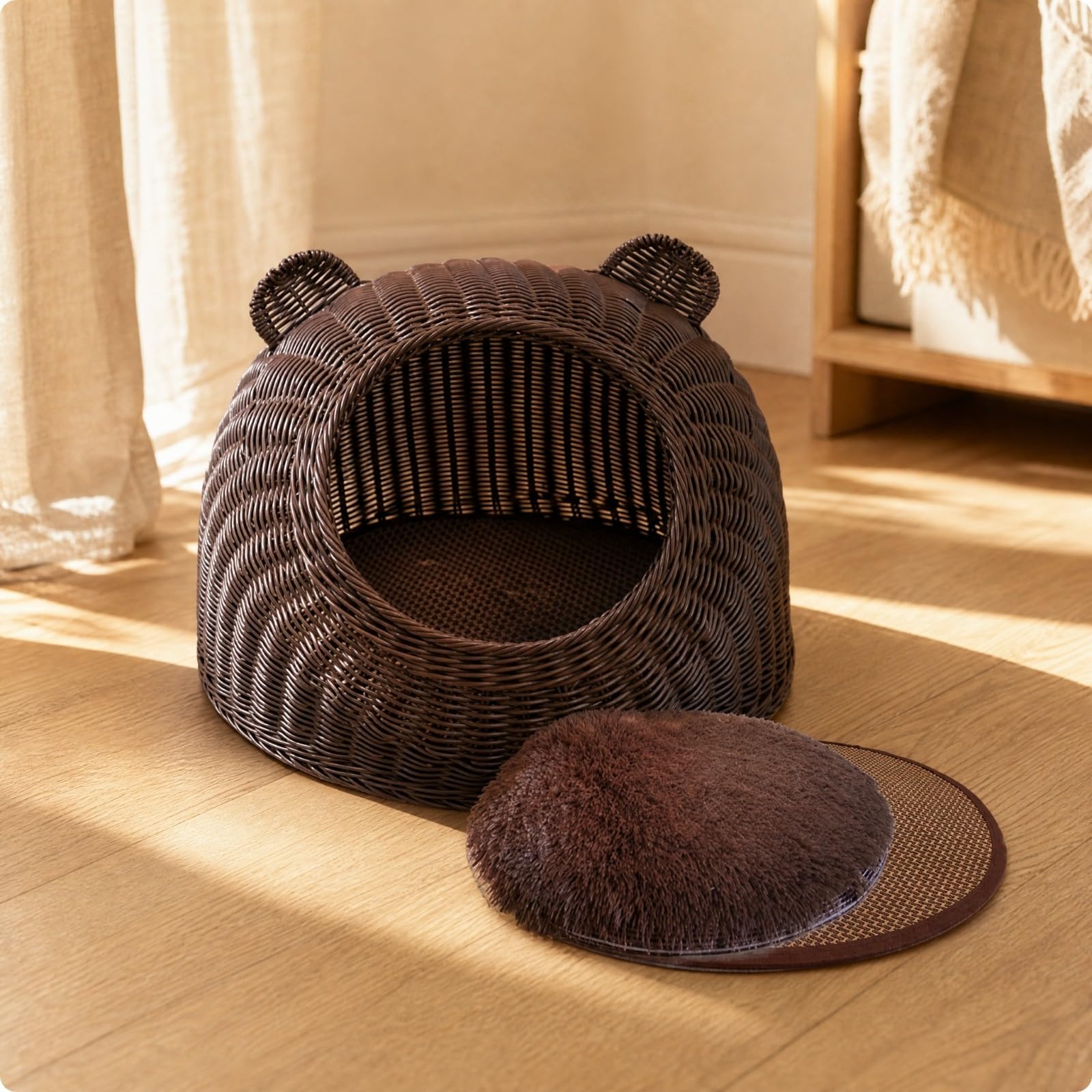 Handgeflochtenes Tierbett mit Ohren-Details Handgeflochten Katzenkorb mit Kissen Katzenbett für Besitzer Kleiner Kleintiere, Terrasse, Offweiß, M