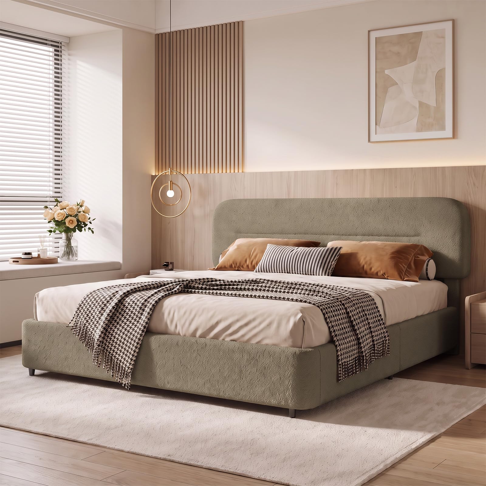 HOMBCK King Bed Frame, Beige Boucle Upholstered Platform Bed
