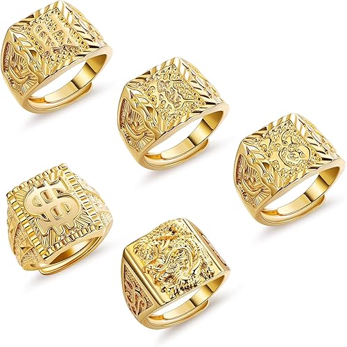 5Pcs 18K Gold Filled Rings Set for Men Women Kanji Rings Rich Luck Wealth Dragon Dollar Rings Set Adjustable Size