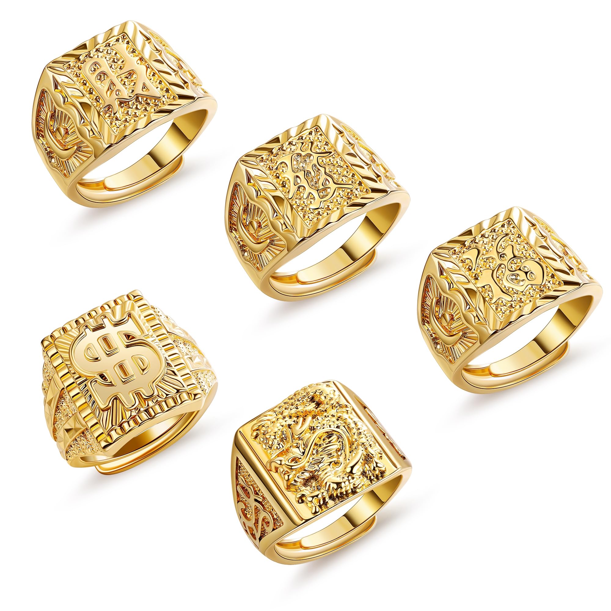 Juego de 5 anillos rellenos de oro de 18 quilates para hombres y mujeres, anillos Kanji, rica suerte, riqueza, dragón dólar, juego de anillos de tamaño ajustable, Cobre, Sin piedras preciosas