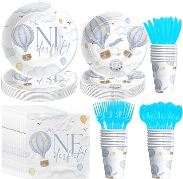 Hot Air Balloon 1st Birthday Party Supplies Boy, Mr Onederful Decorations, Plate, Napkin, Cup, Cutlery, Blue Hot Air Balloon First Party Decorations For 24 Guests