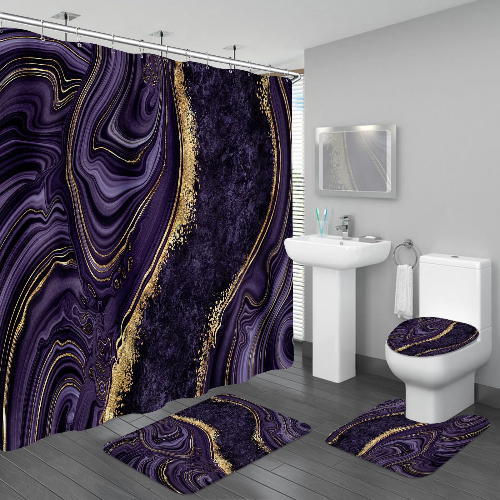 4PCS Purple Gold Marble Bathroom Sets with Shower Curtain and Rugs, Abstract Luxury Shower Curtain Sets with Rugs, Modern Bathroom Curtains Shower Set with Toilet Lid Cover