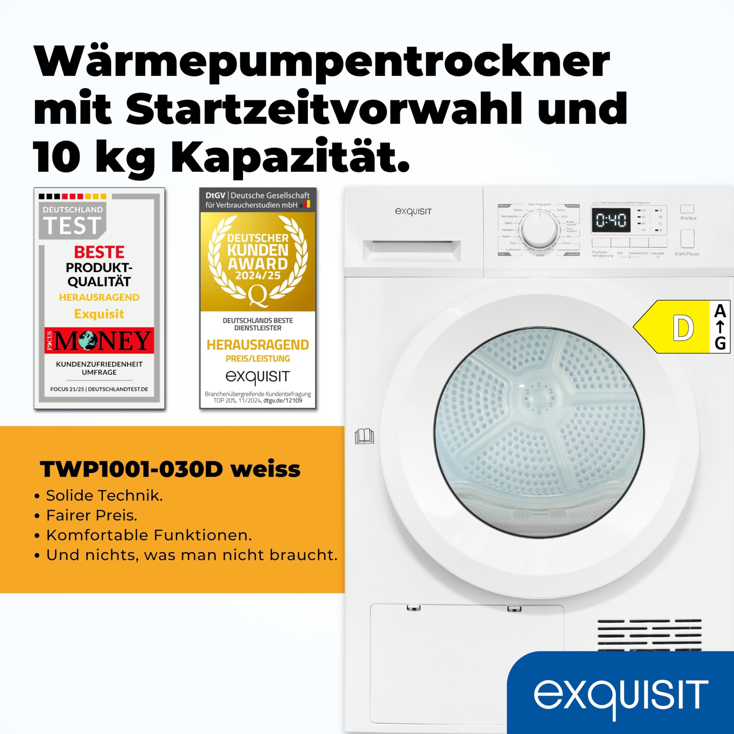 Exquisit TWP1001-030D - Secador con bomba de calor, 10 kg, 16 programas, protección contra arrugas, LED, carga frontal, color blanco