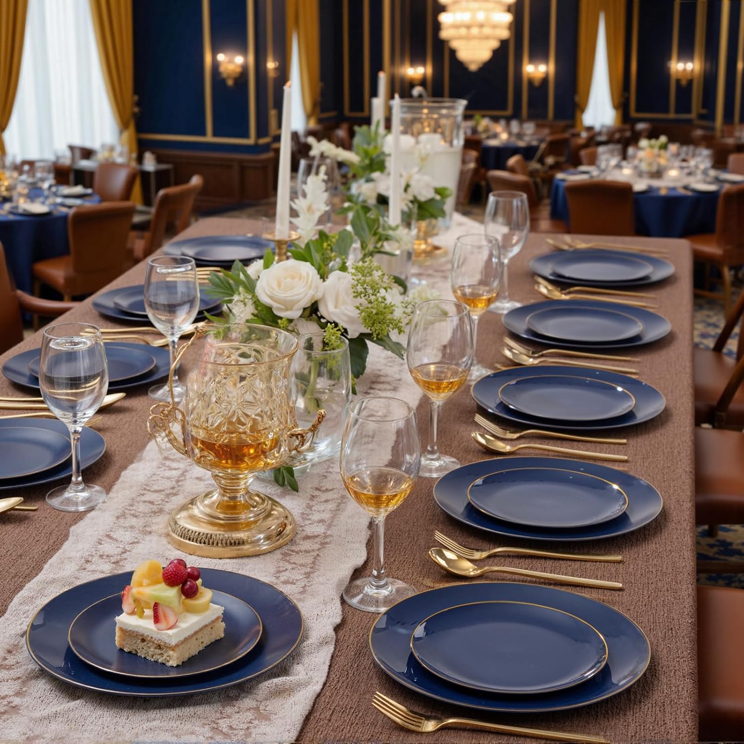 bUCLA 200PCS Blue Plastic Plates - Navy Blue Disposable with Gold Rim Include 100 Each (10 inch Dinner & 7 inch Dessert) Plates, Ideal for Party, Gathering and Hanukkah - Image 9